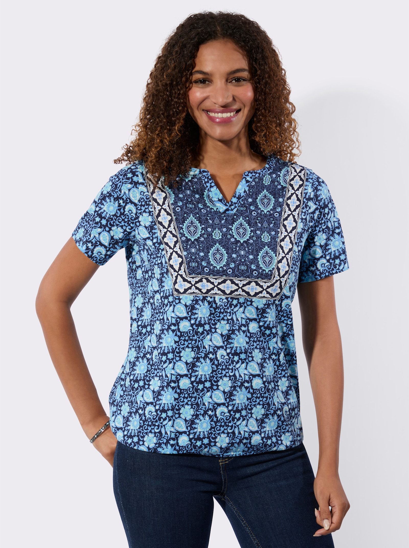 Shirt mit elastischem Saum - himmelblau-marine-bedruckt
