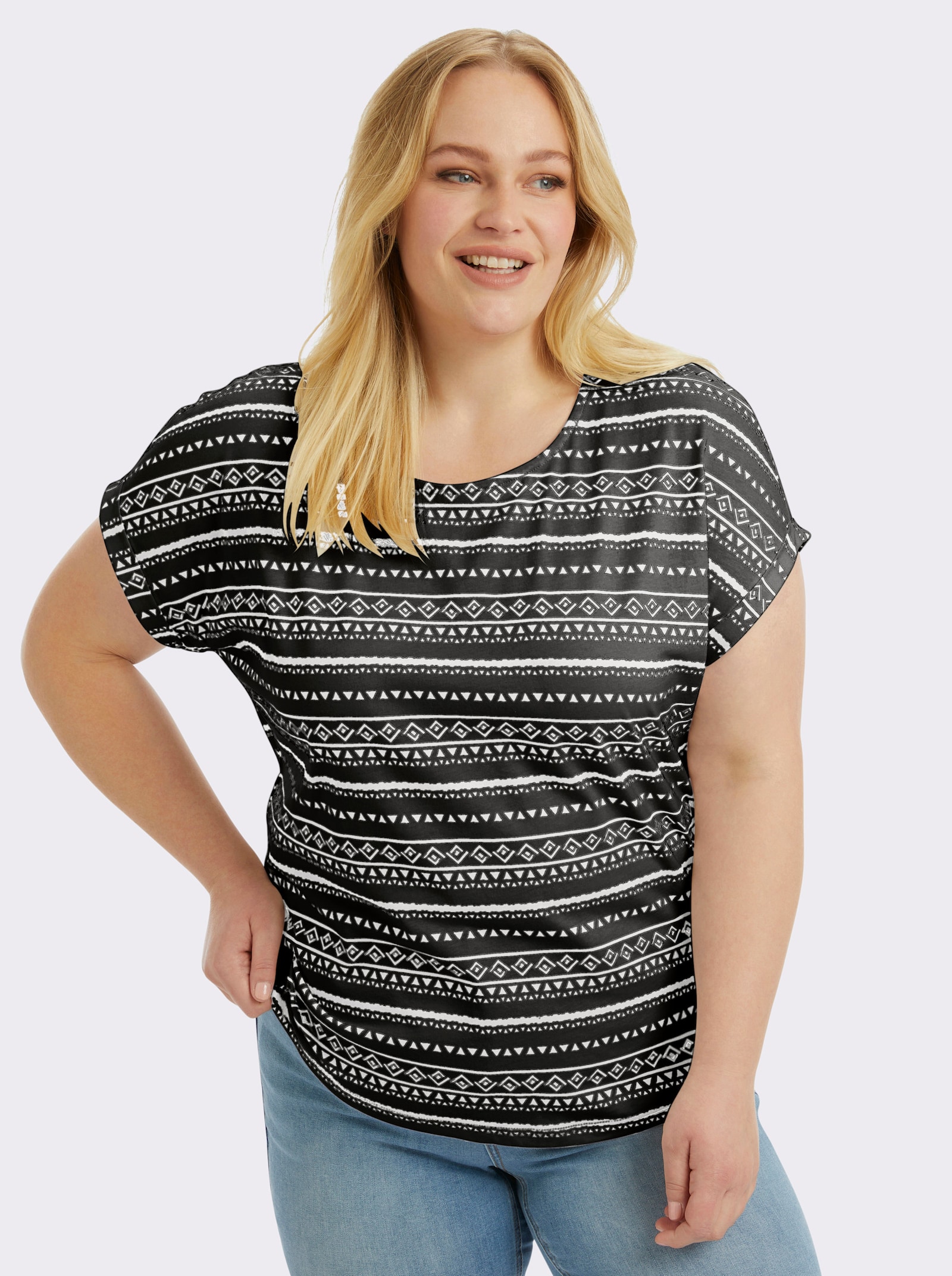 Print-Shirt mit Rundhals-Ausschnitt - schwarz-ecru-bedruckt
