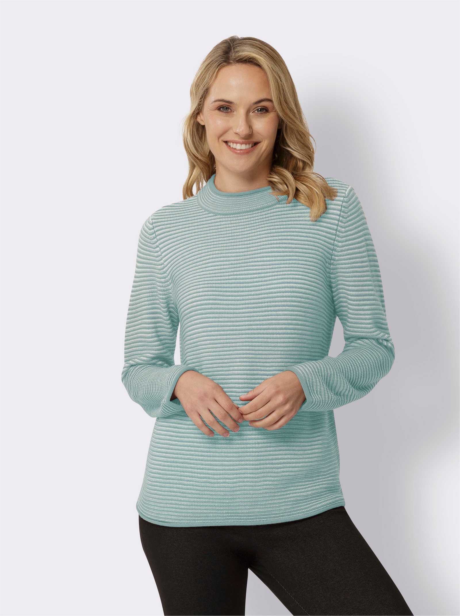 Stehkragenpullover mit Streifen-Muster - salbei-ecru-geringelt