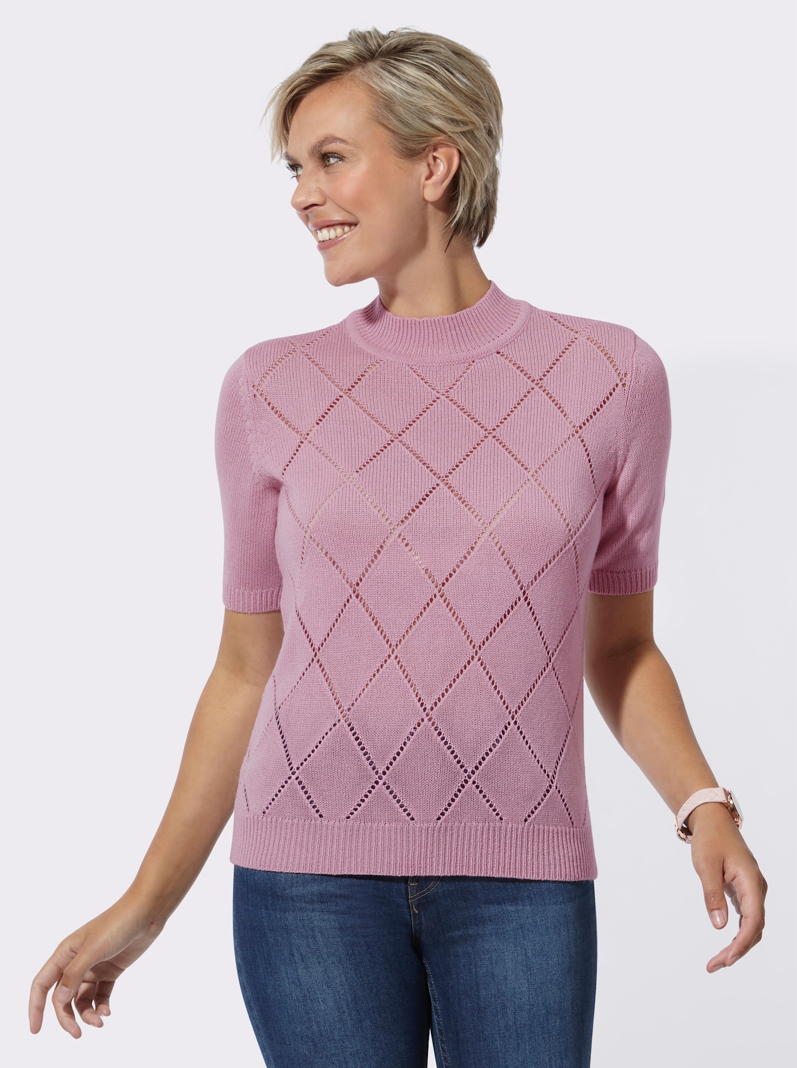 Ajourpullover mit längerem Halbarm - rosé