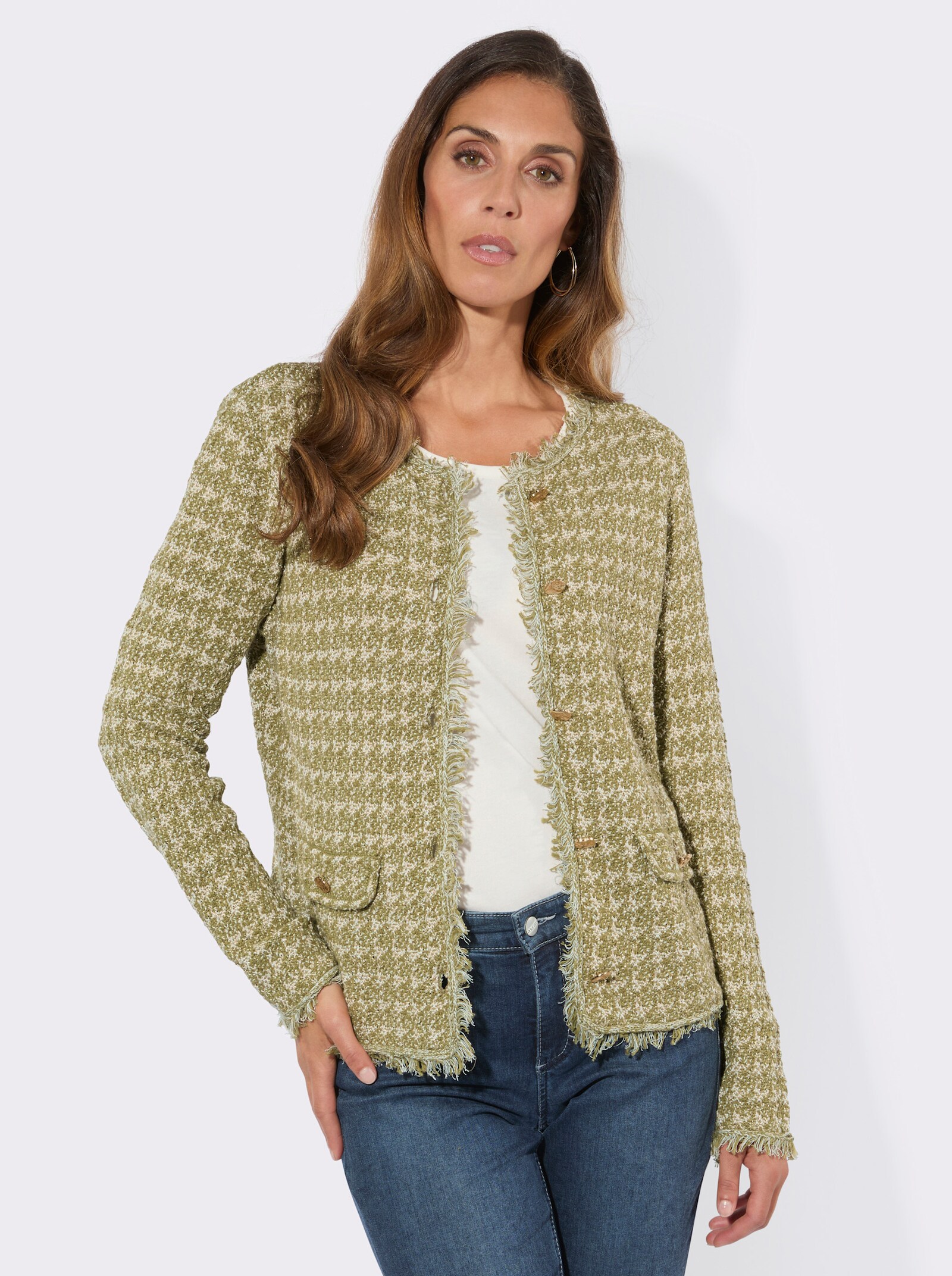 Strickjacke mit Fransen-Verzierung - schilf-champagner-meliert