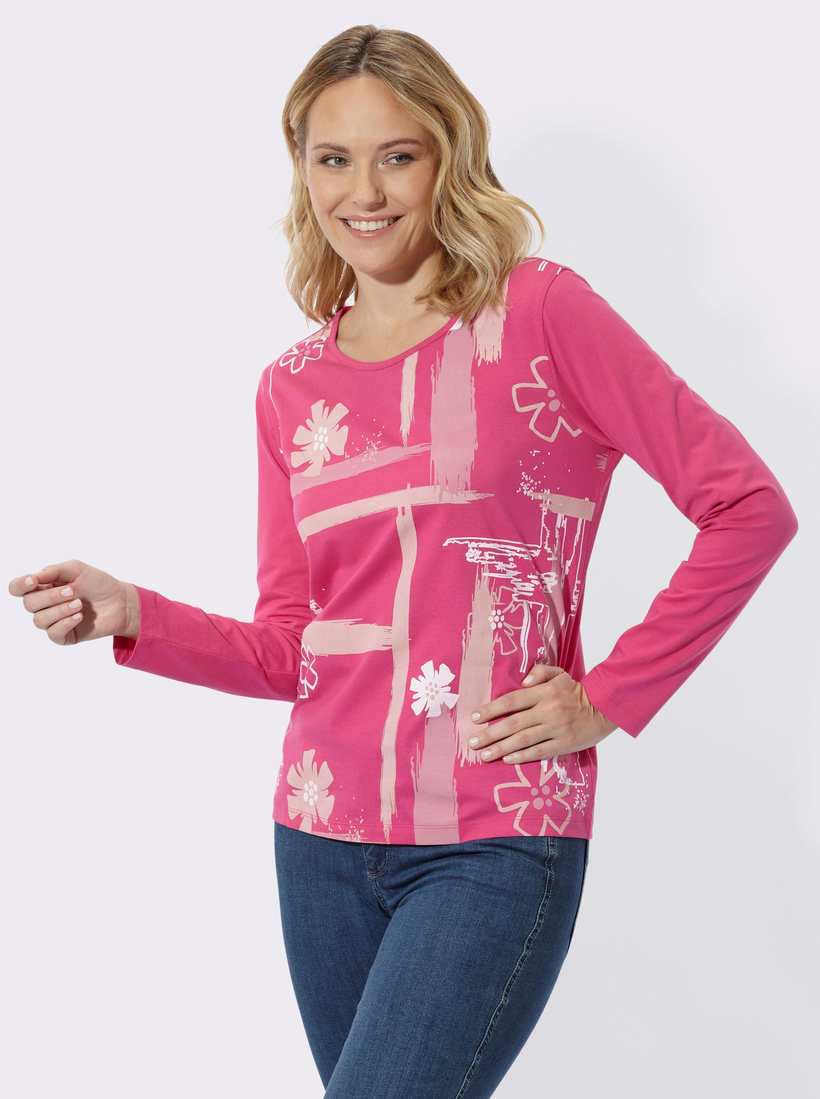Rundhalsshirt mit Druckmuster vorne - fuchsia-puder-bedruckt