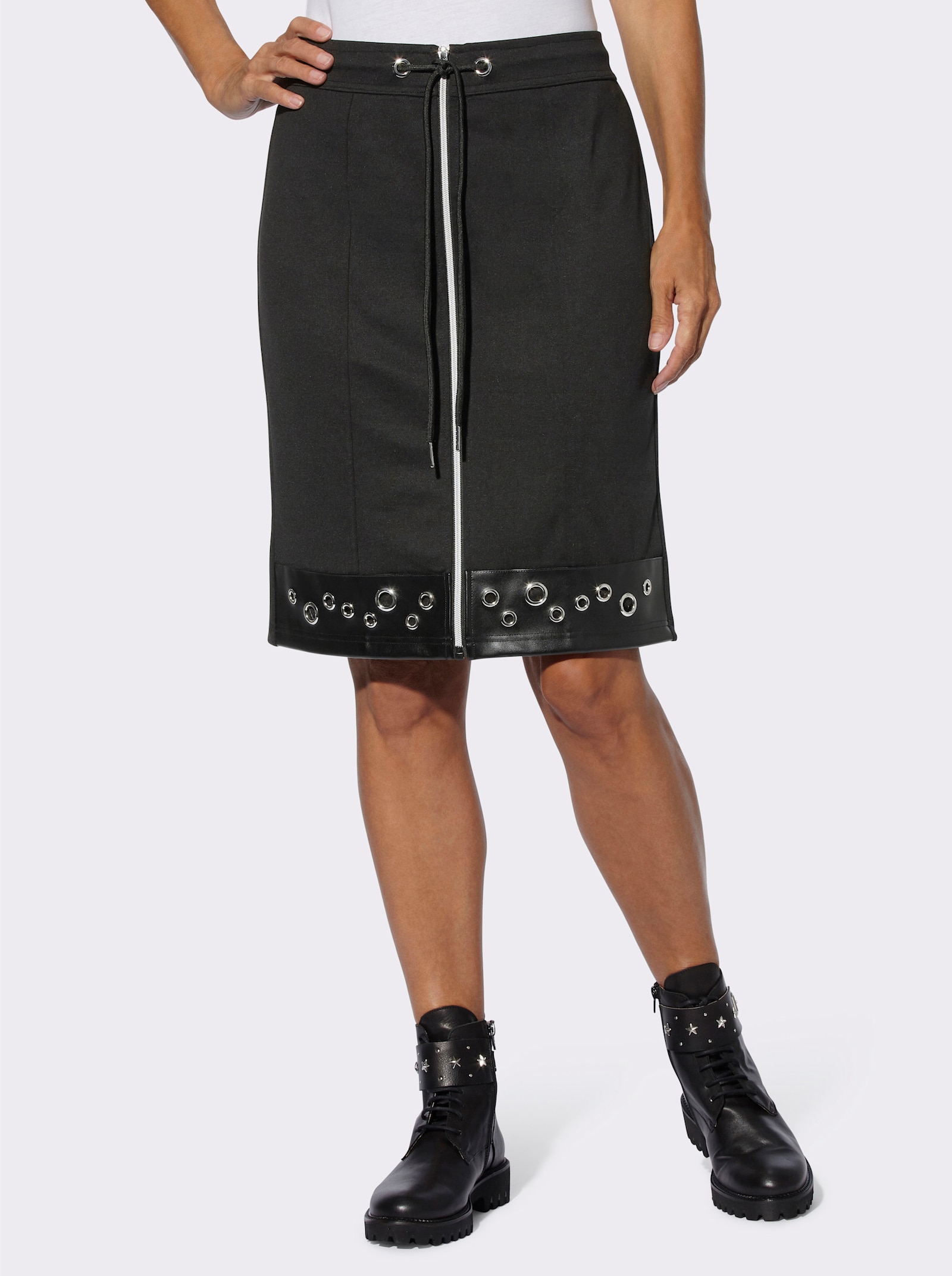 Schlupfrock mit Besatz in Leder-Optik - schwarz