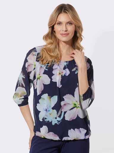 Georgettebluse mit elastischen Abschlüssen - marine-kalkmint-bedruckt