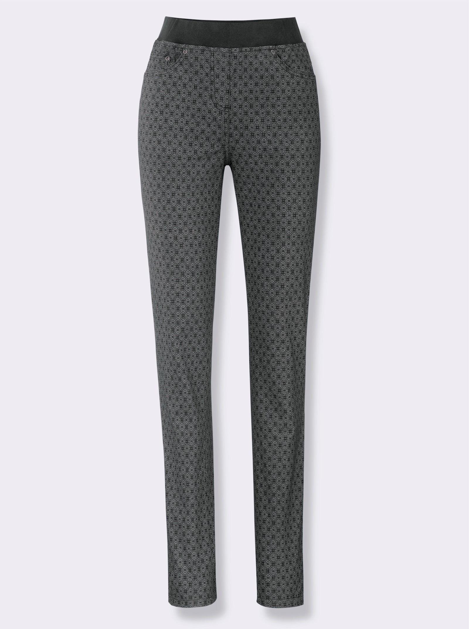 Comfortjeans met geribde comfortband van tricot - grey/denim bedrukt
