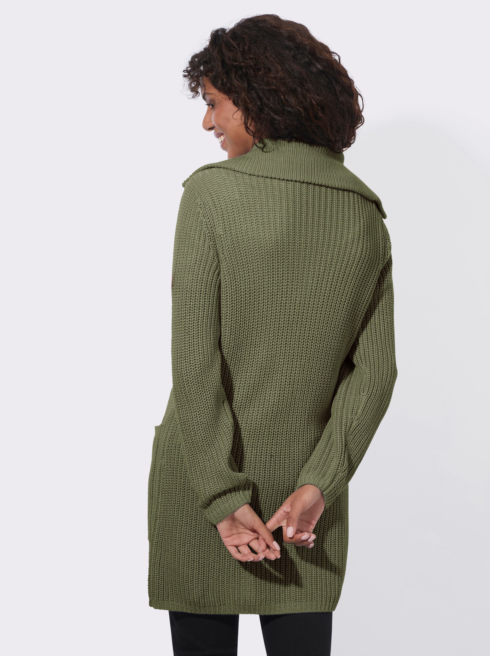 Longstrickjacke mit Umlegekragen - khaki
