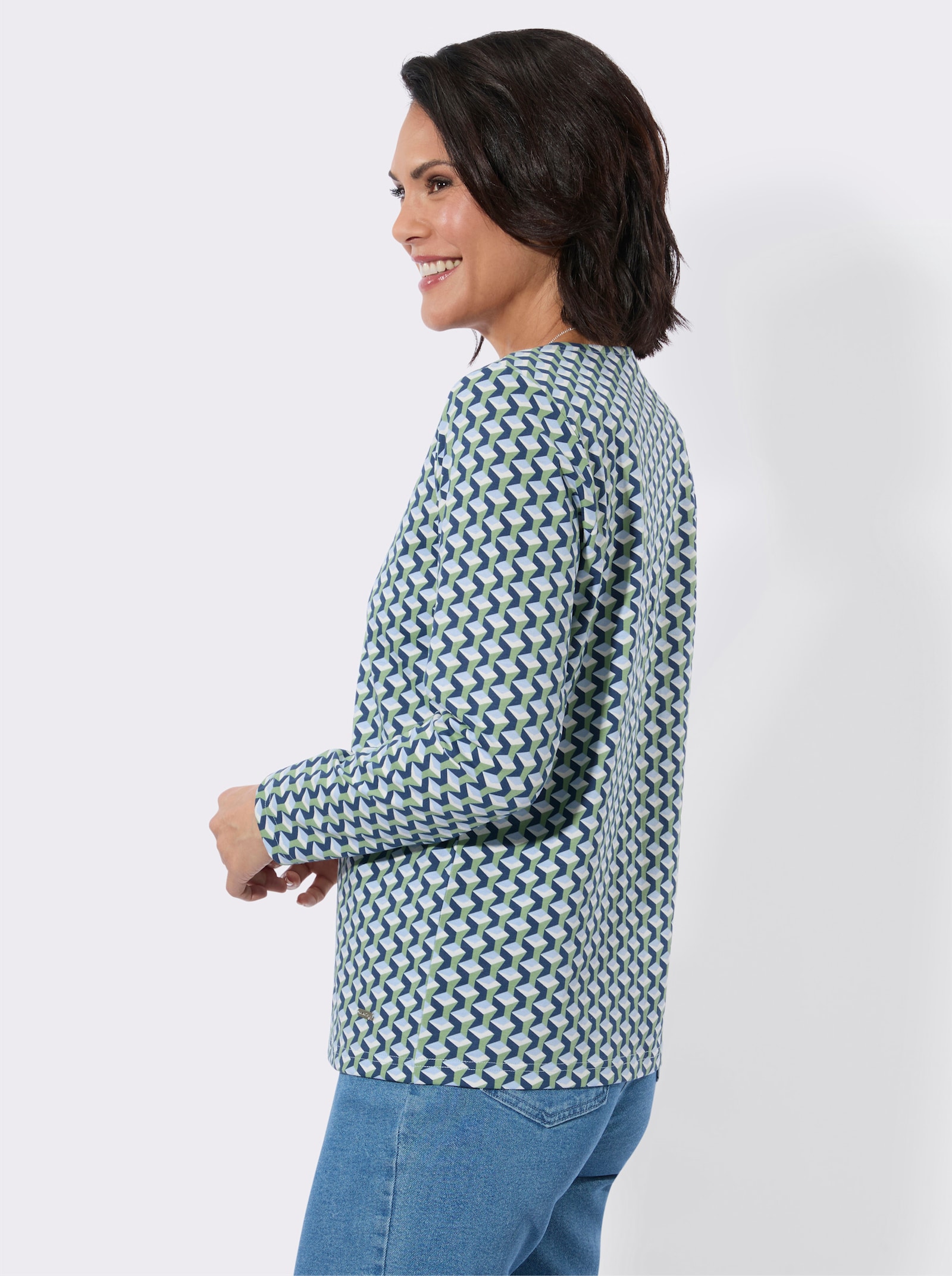 Rundhalsshirt im Minimal-Dessin - dunkelblau-eucalyptus-bedruckt