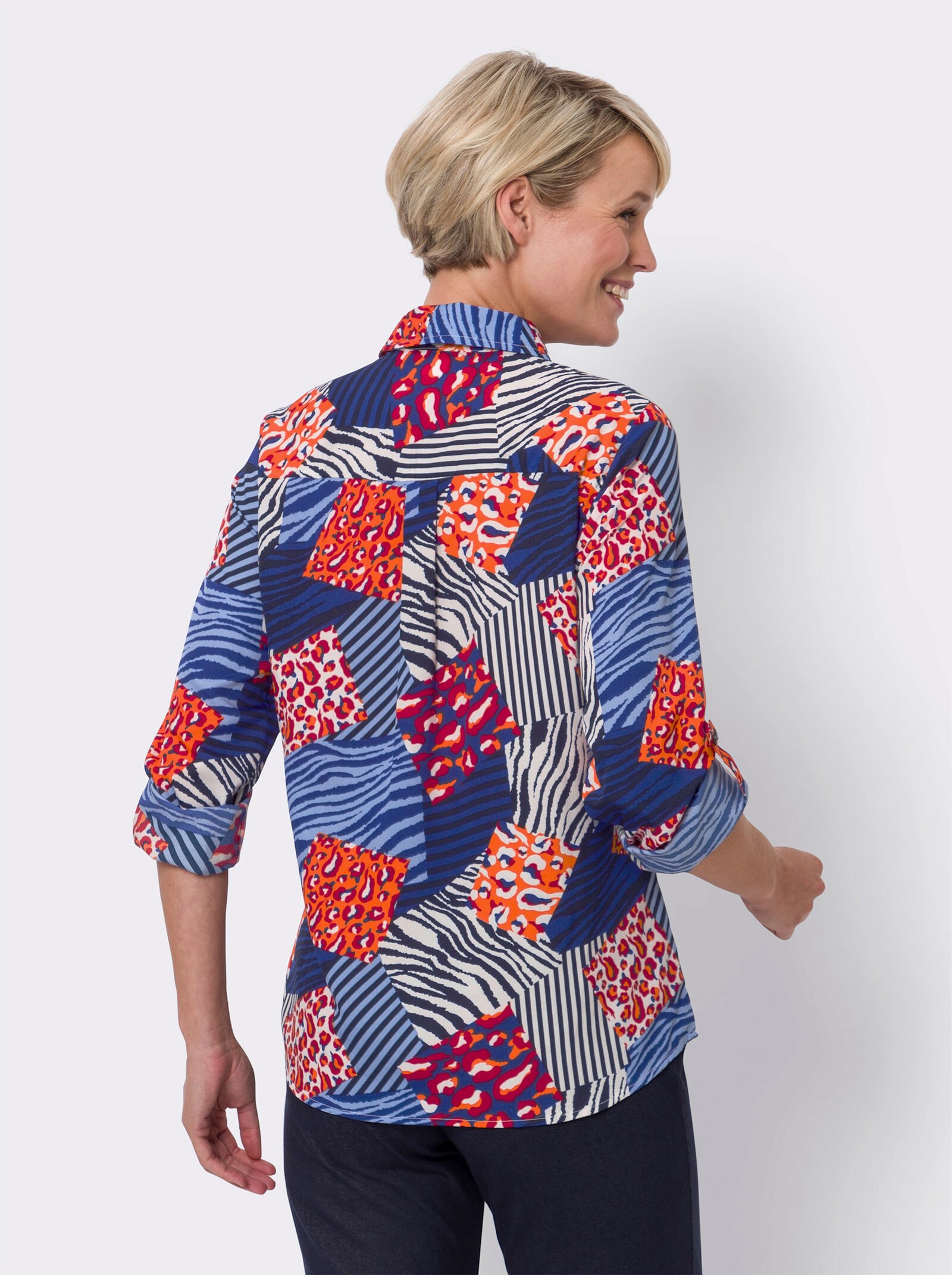 Långärmad blus i mönsterblandning - marin-ecru, med tryck