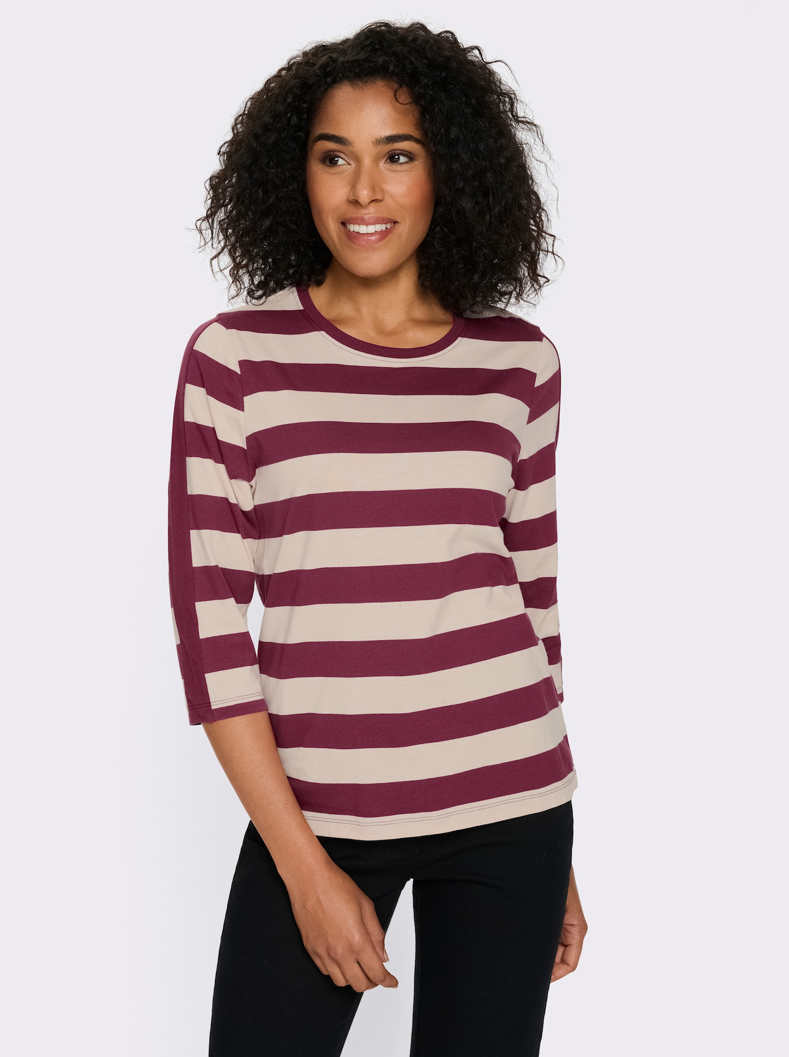 3/4-Arm-Shirt mit garngefärbten Streifen - bordeaux-elfenbein-gestreift