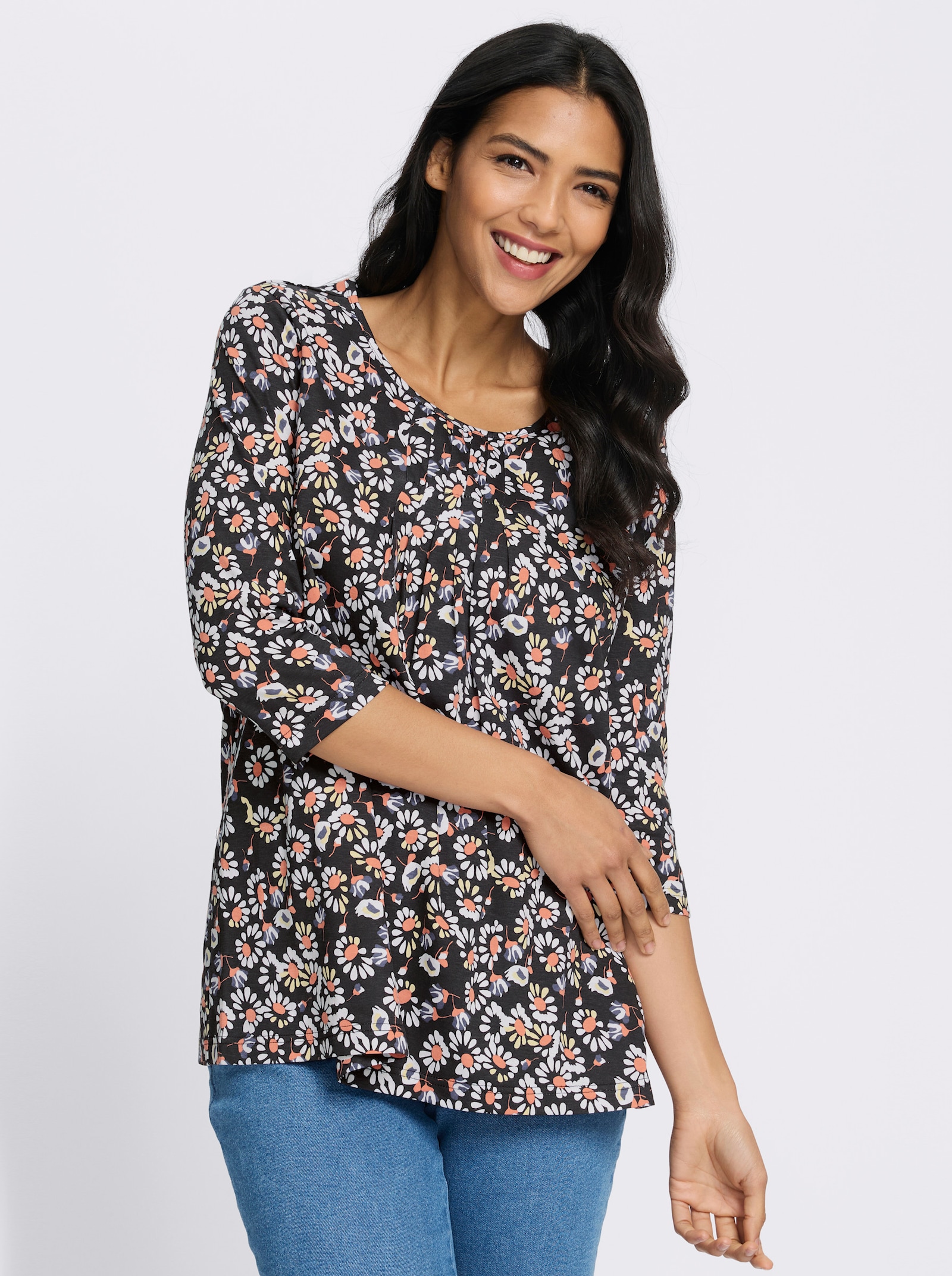 Longshirt im Blüten-Dessin - schwarz-papaya-bedruckt