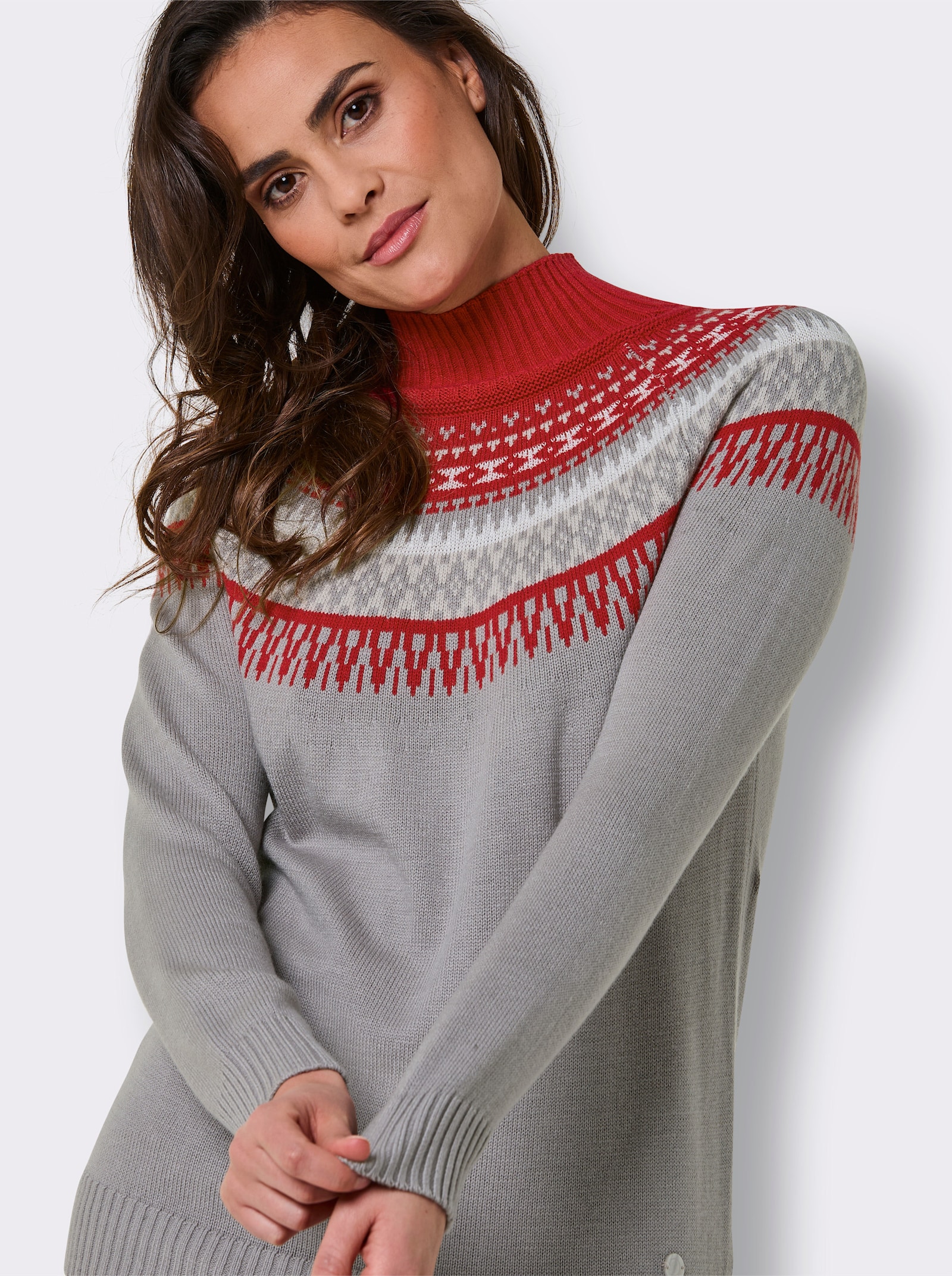 CREATION L PREMIUM Norwegerpullover mit Jacquard-Strick - steingrau-rot-gemustert
