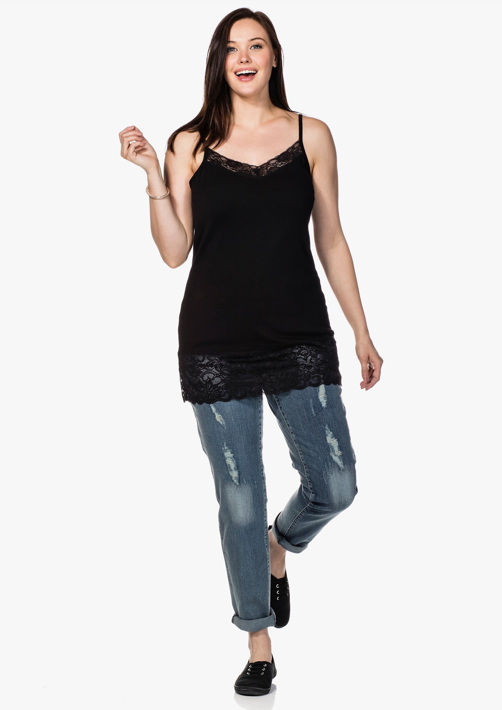 sheego Spaghettitop mit breiter Spitzenbordüre - schwarz