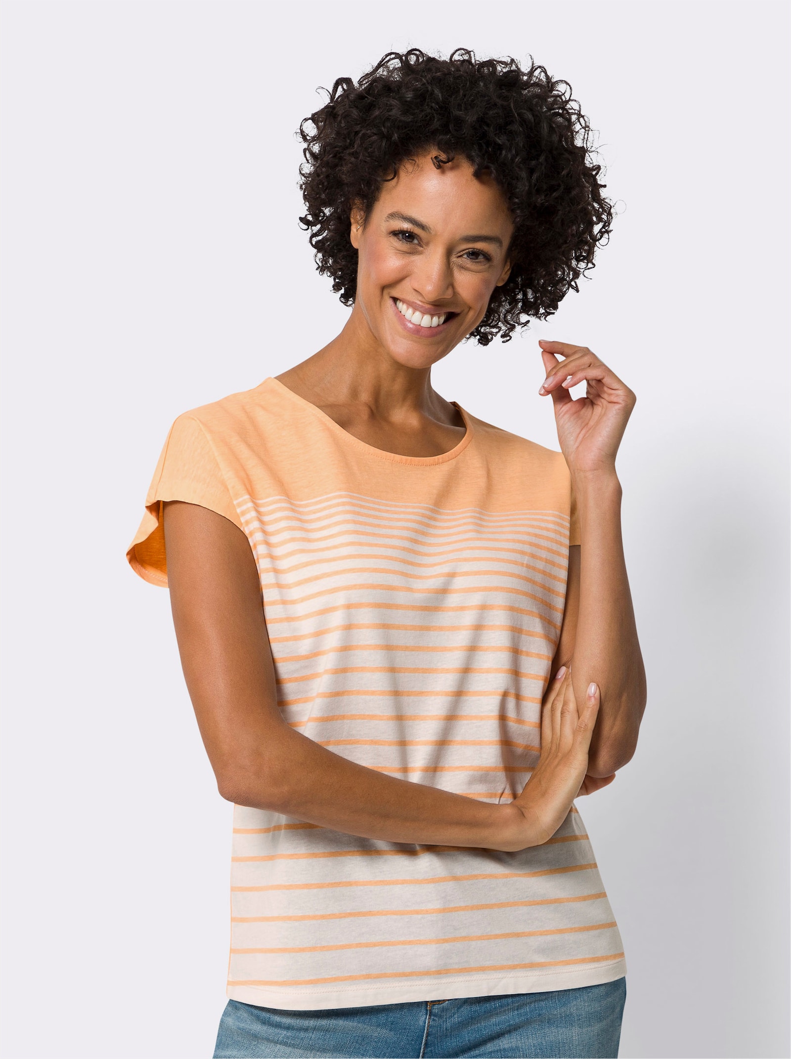 Rundhalsshirt mit Ringelmuster - apricot-ecru-bedruckt