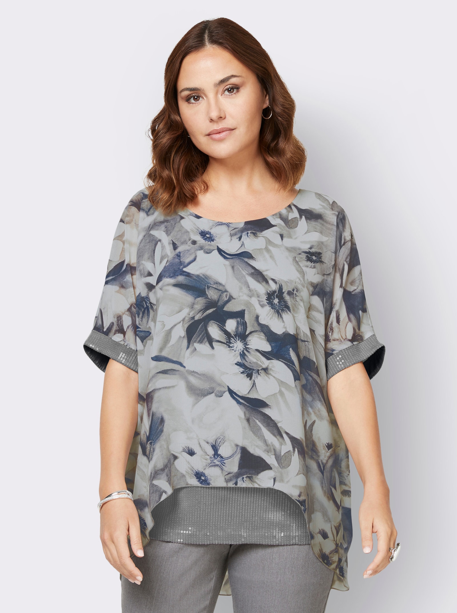 Longbluse im Mix aus Viskose und Seide - ecru-bedruckt