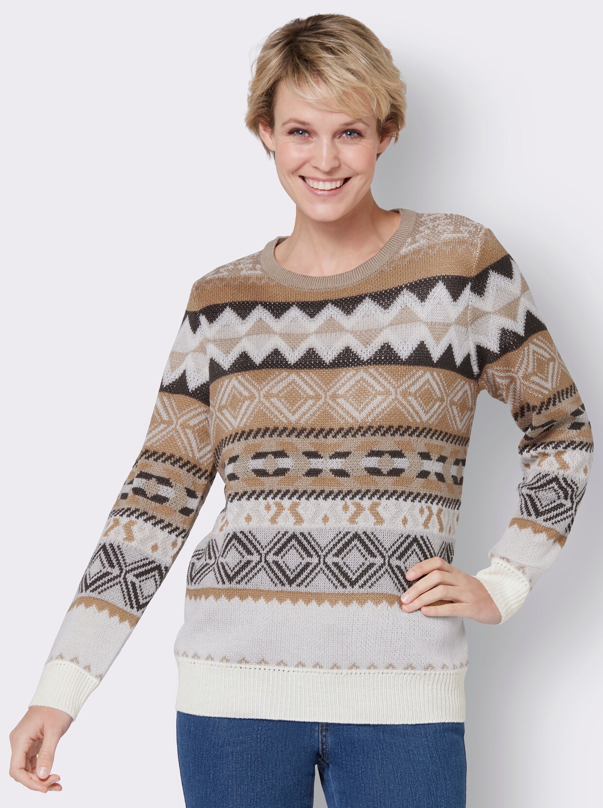 Pullover van jacquard - camel/steengrijs gedessineerd