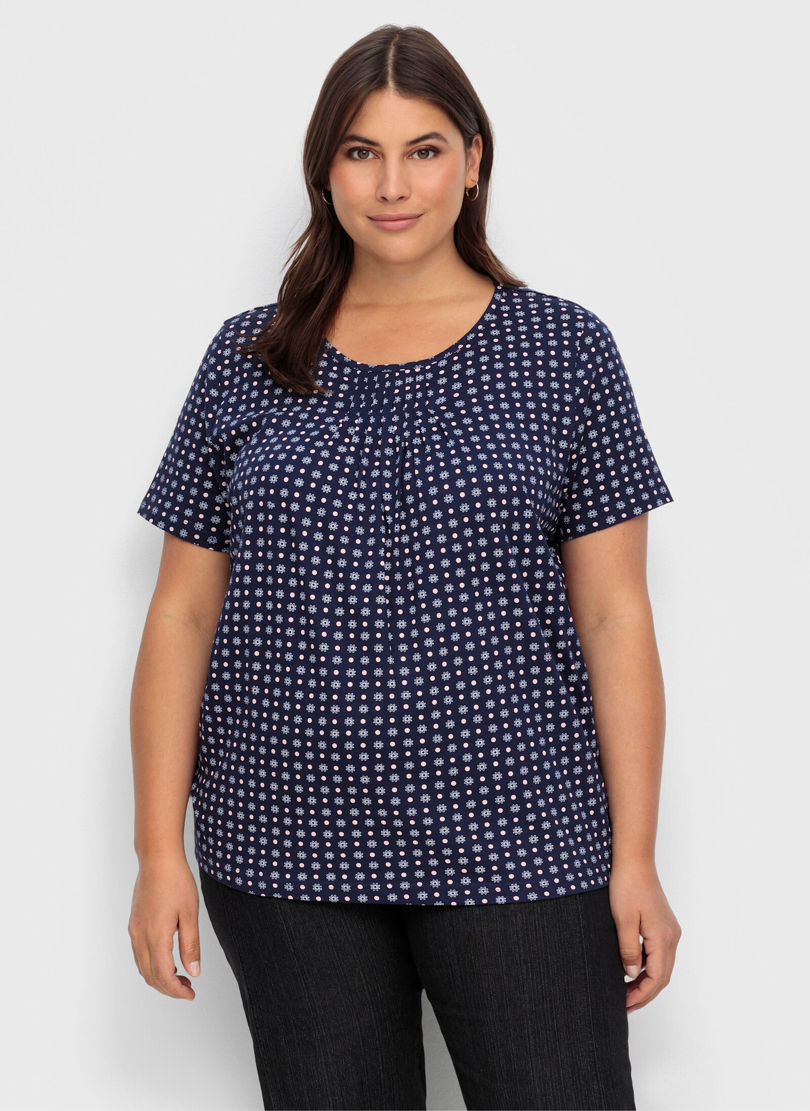 Kurzarmshirt im Minimaldessin - marine-gemustert