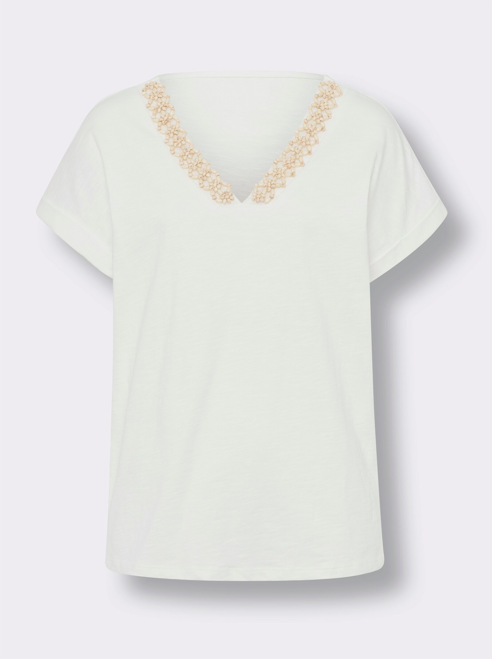 heine V-Shirt mit Holzperlen-Besatz - ecru