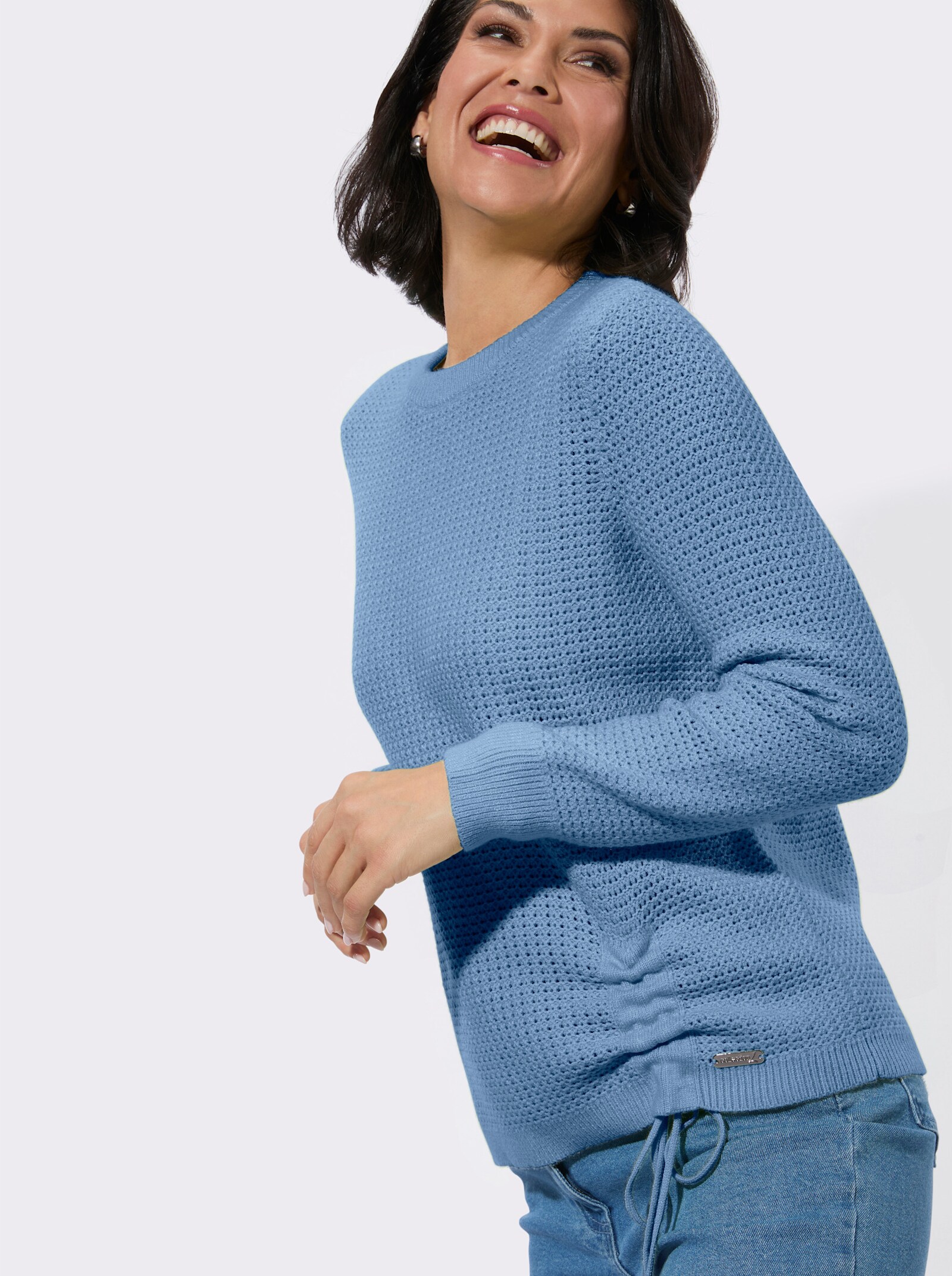 Rundhalspullover mit Schnürung am Saum - mittelblau