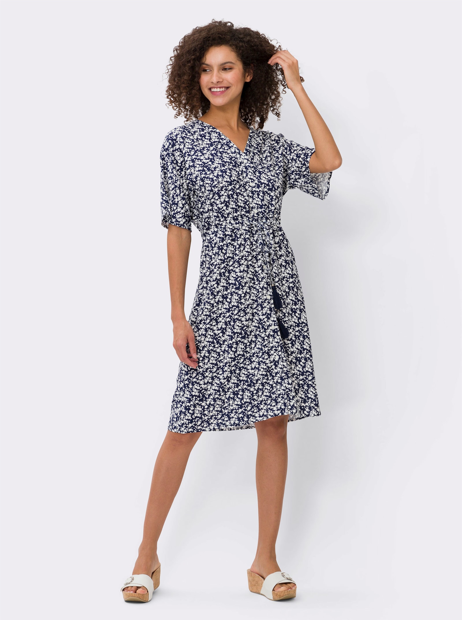heine Jurk in A-lijn met bindceintuur - marine/ecru geprint
