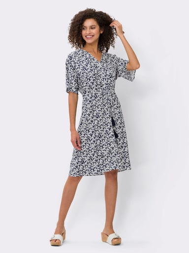 heine A-Linien-Kleid mit Bindeband - marine-ecru-bedruckt