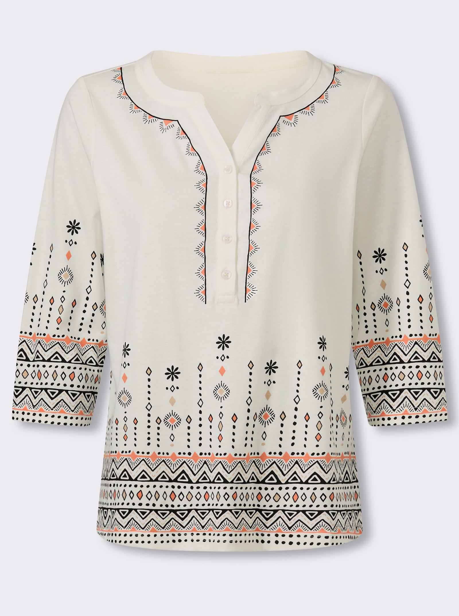 3/4-Arm-Shirt mit kurzer Knopfleiste - ecru-schwarz-bedruckt