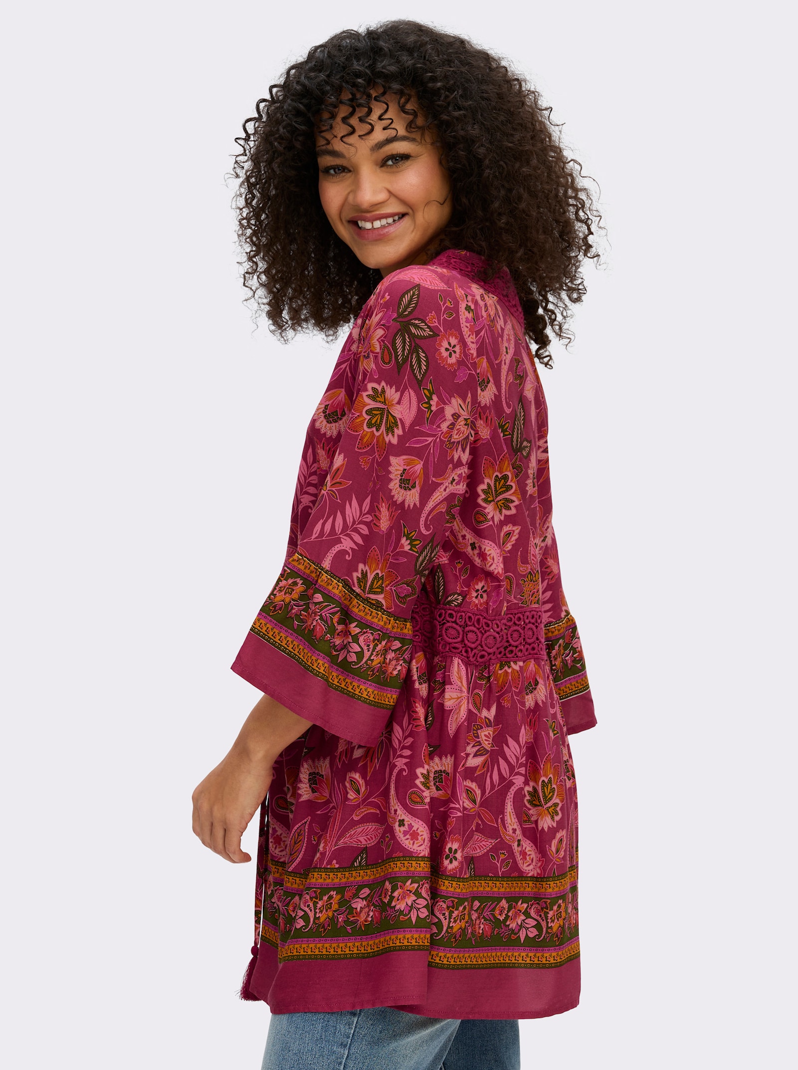 sheego by Joe Browns Volantbluse mit floralem Alloverdruck - kirsche-flamingo-gemustert
