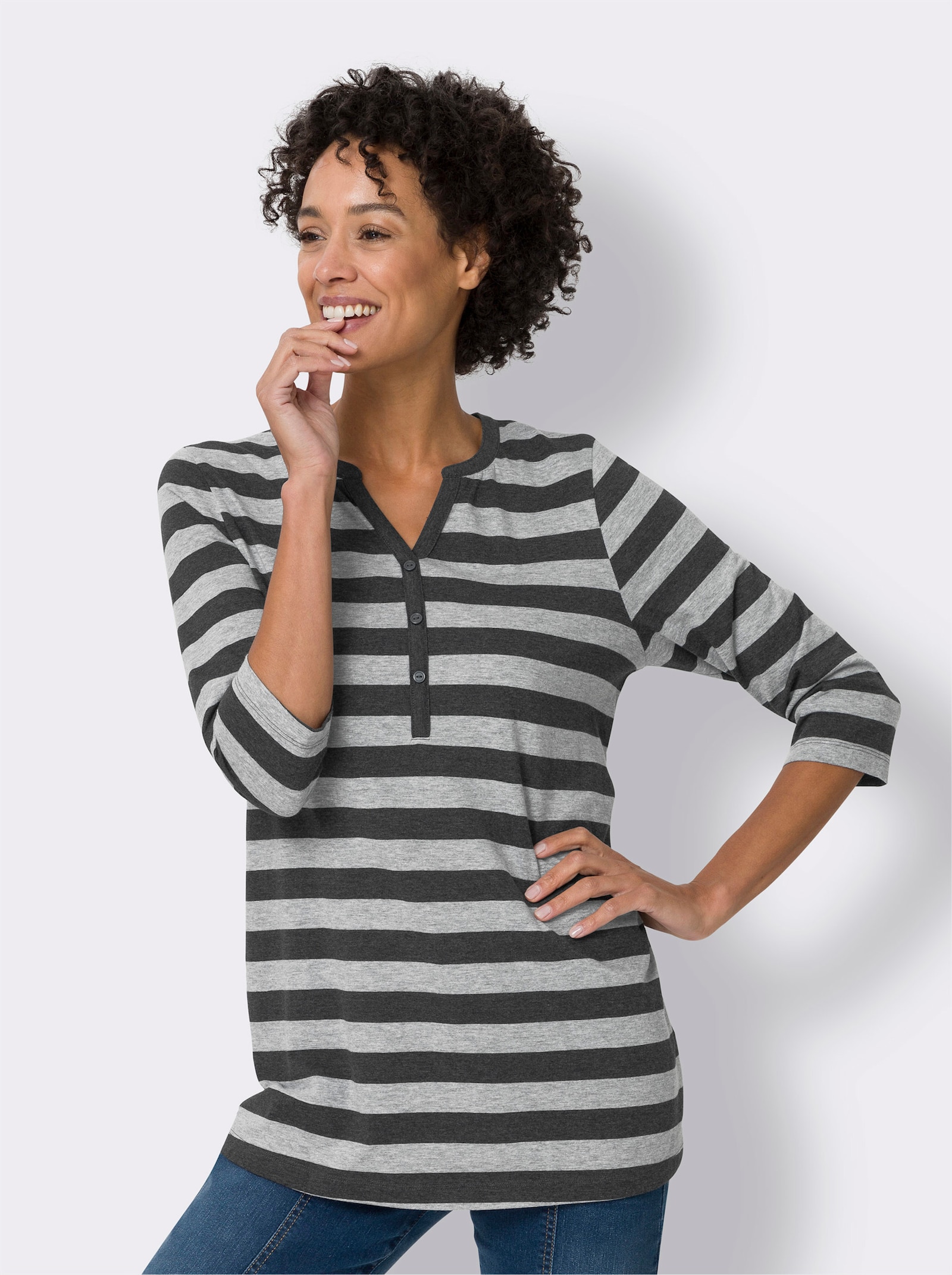 Longshirt mit garngefärbtem Ringelmuster - graphit-grau-geringelt