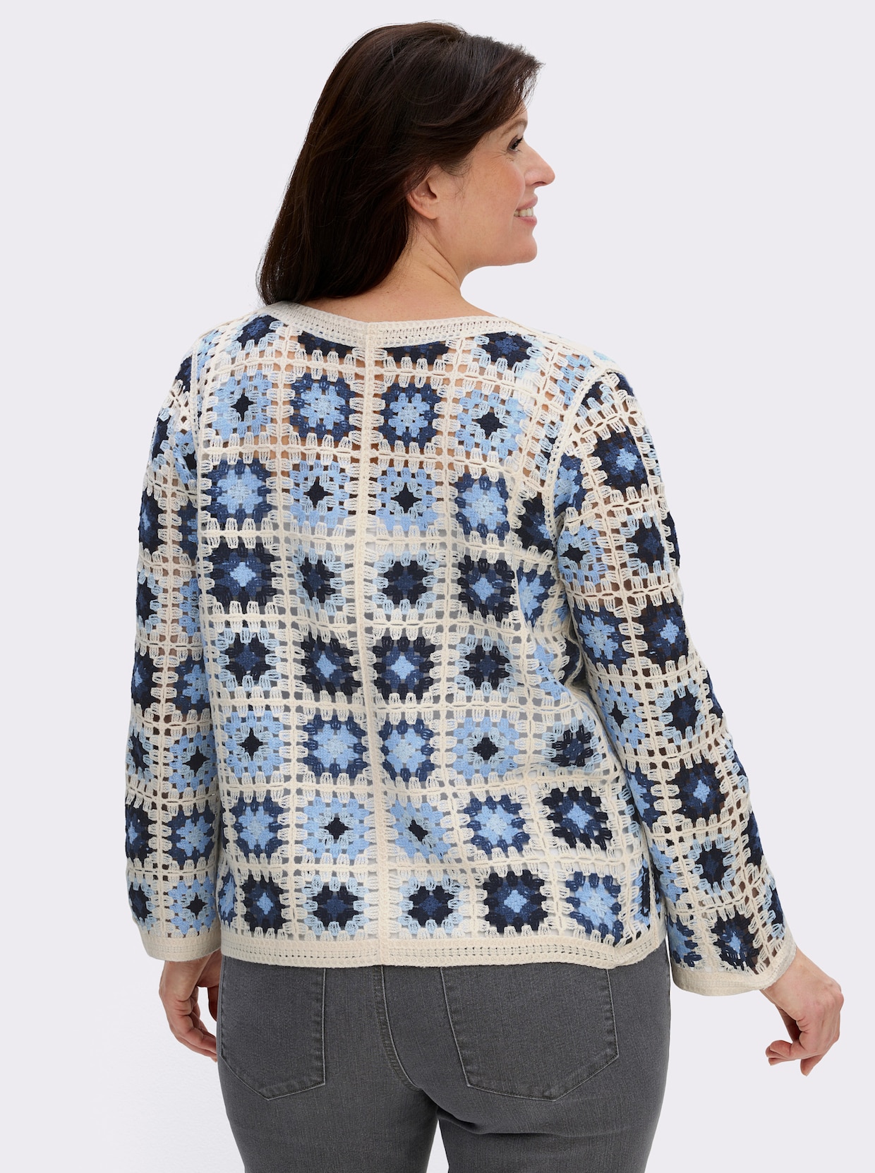 Strickjacke in Häkel-Optik - ecru-jeansblau