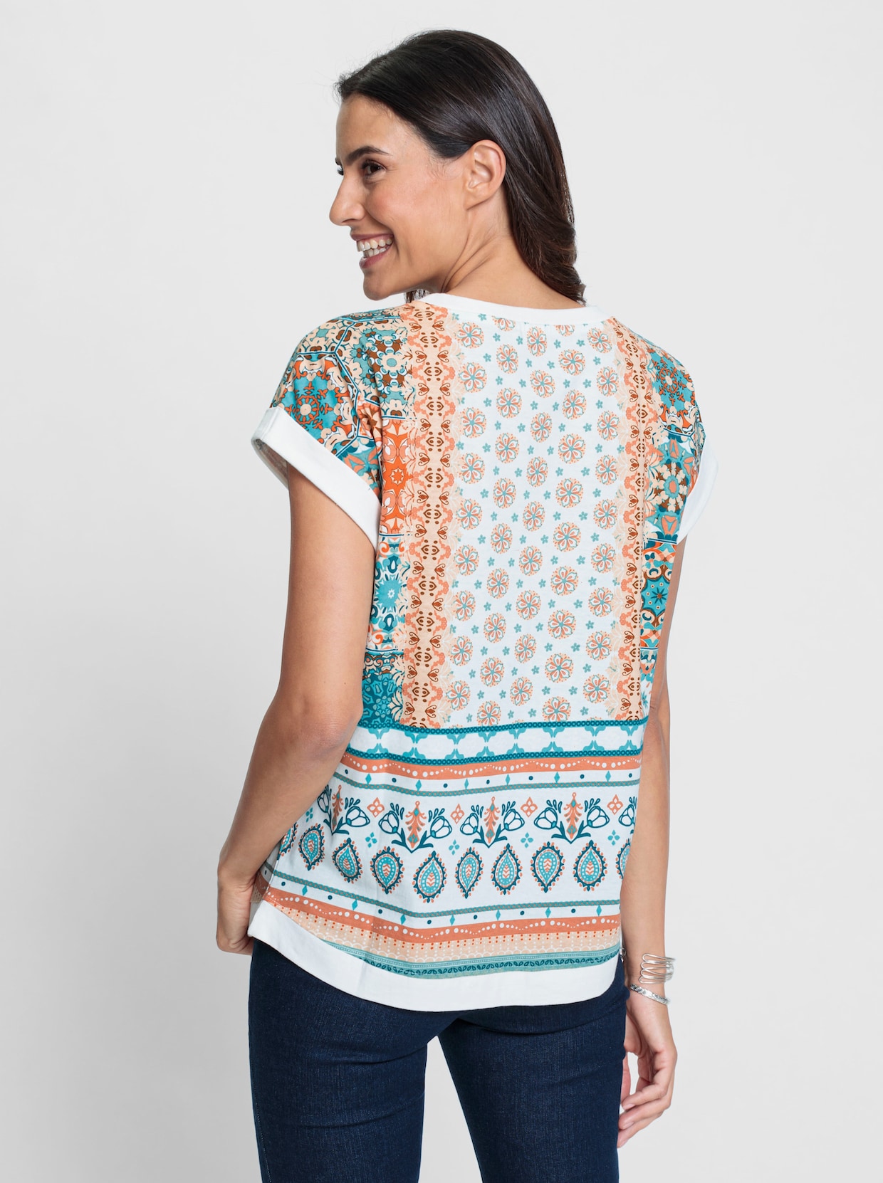 Shirt met korte mouwen - apricot/salie bedrukt