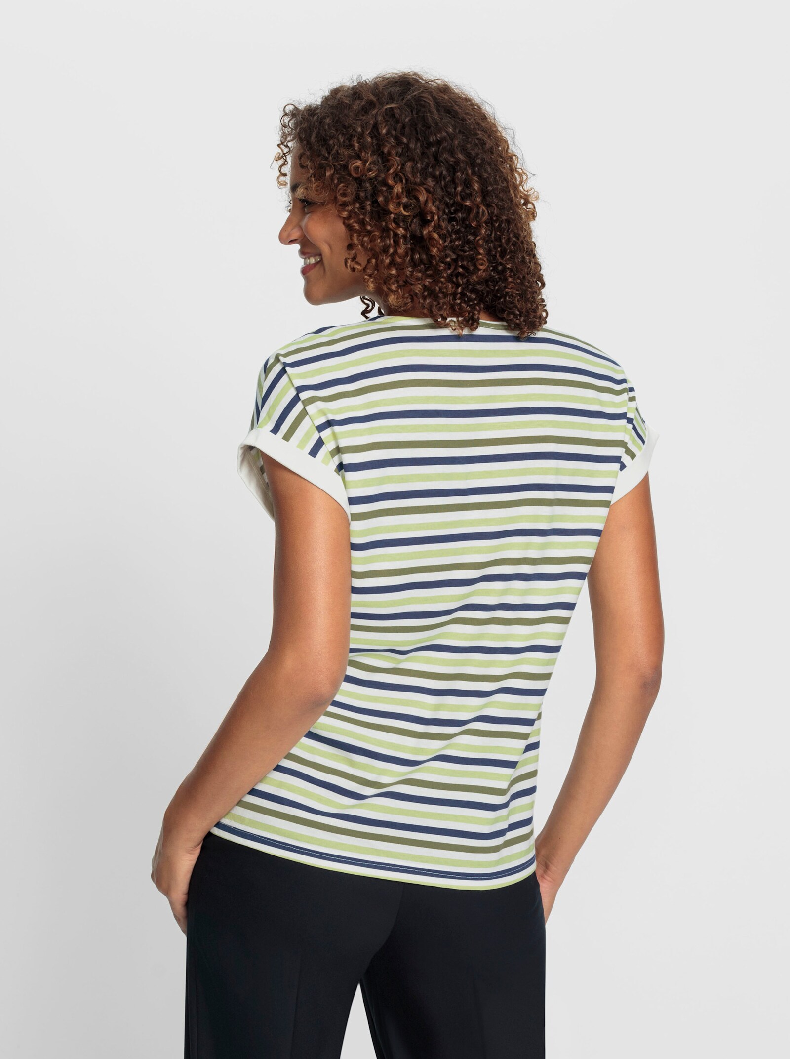 Streepjesshirt met afgeronde zoom voor - ecru/kaki geprint