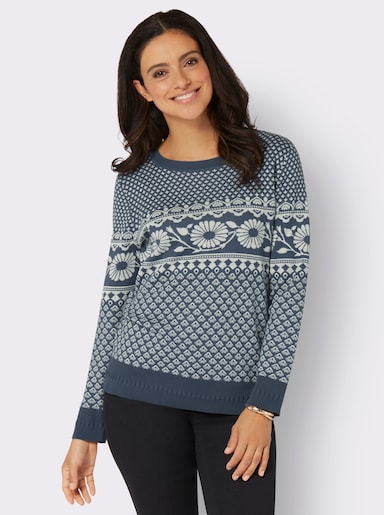 Jacquard-Pullover im Norwegerstil - rauchblau-champagner-gemustert