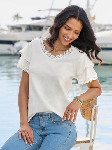 V-Shirt mit Spitzen-Details - ecru
