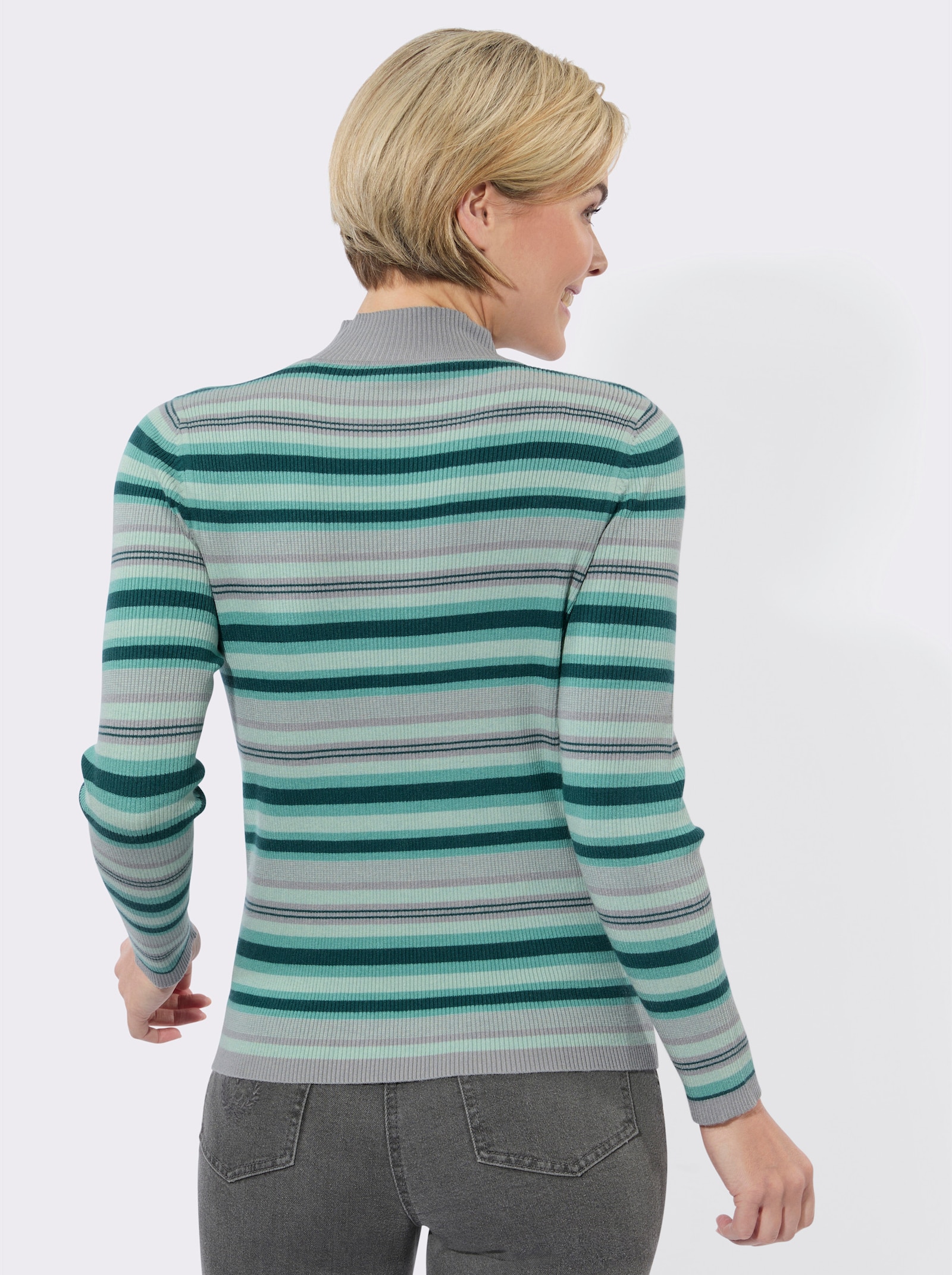 Streifenpullover mit Stehkragen - salbei-petrol-geringelt