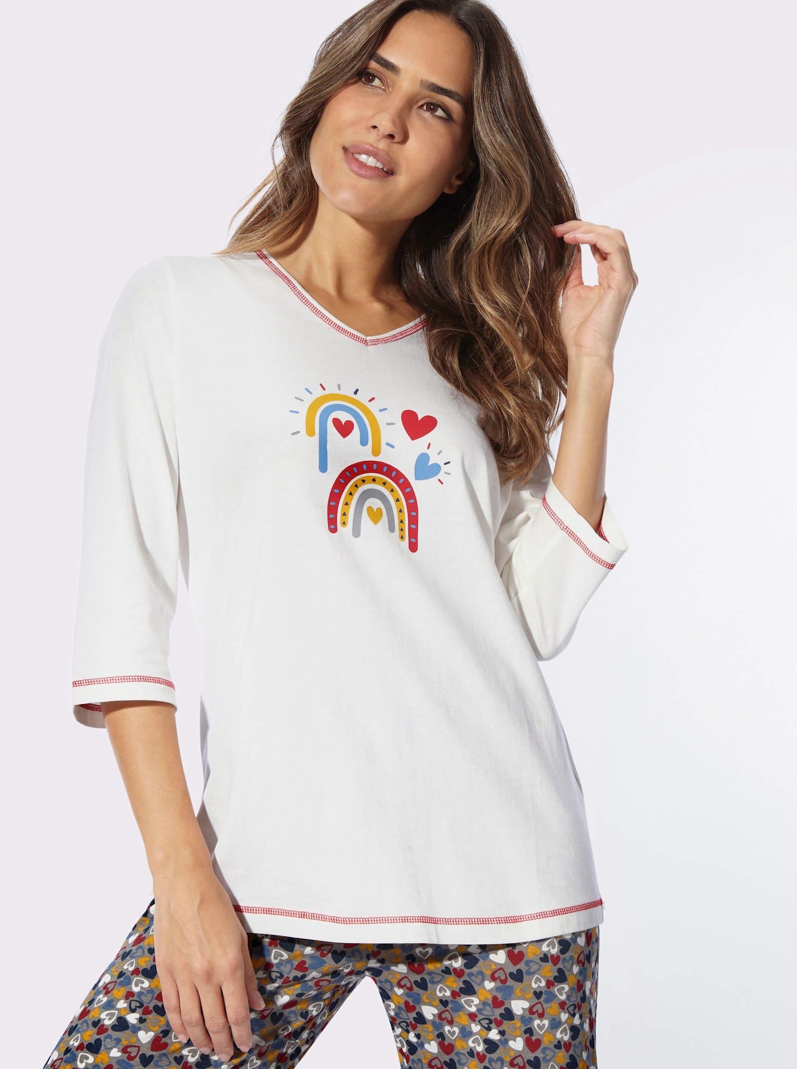 Schlafanzug mit Kontrastnähten - ecru-steingrau-bedruckt