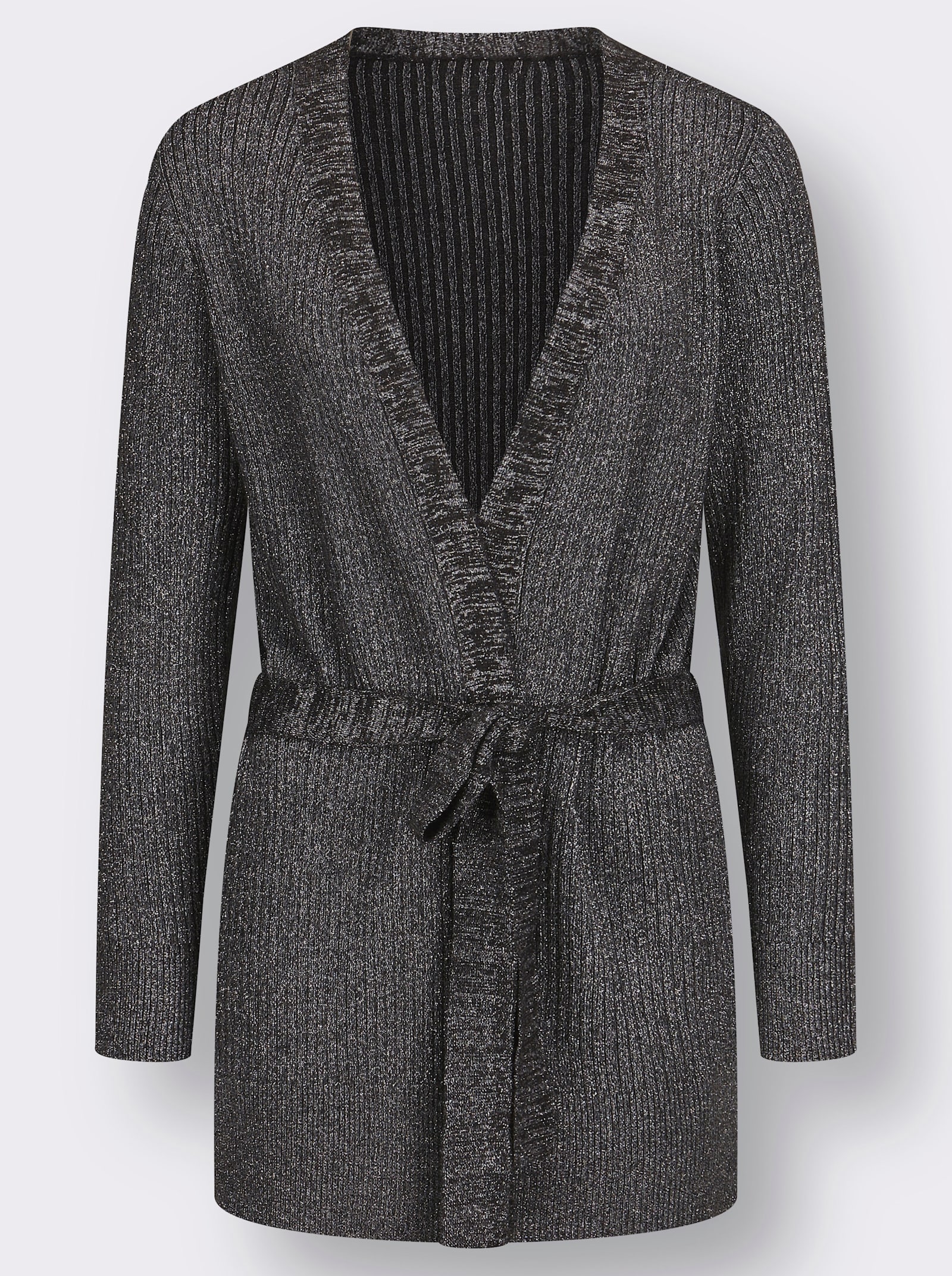 Feinstrickjacke mit Ripp-Struktur, glänzend - graphit-silberfarben-meliert