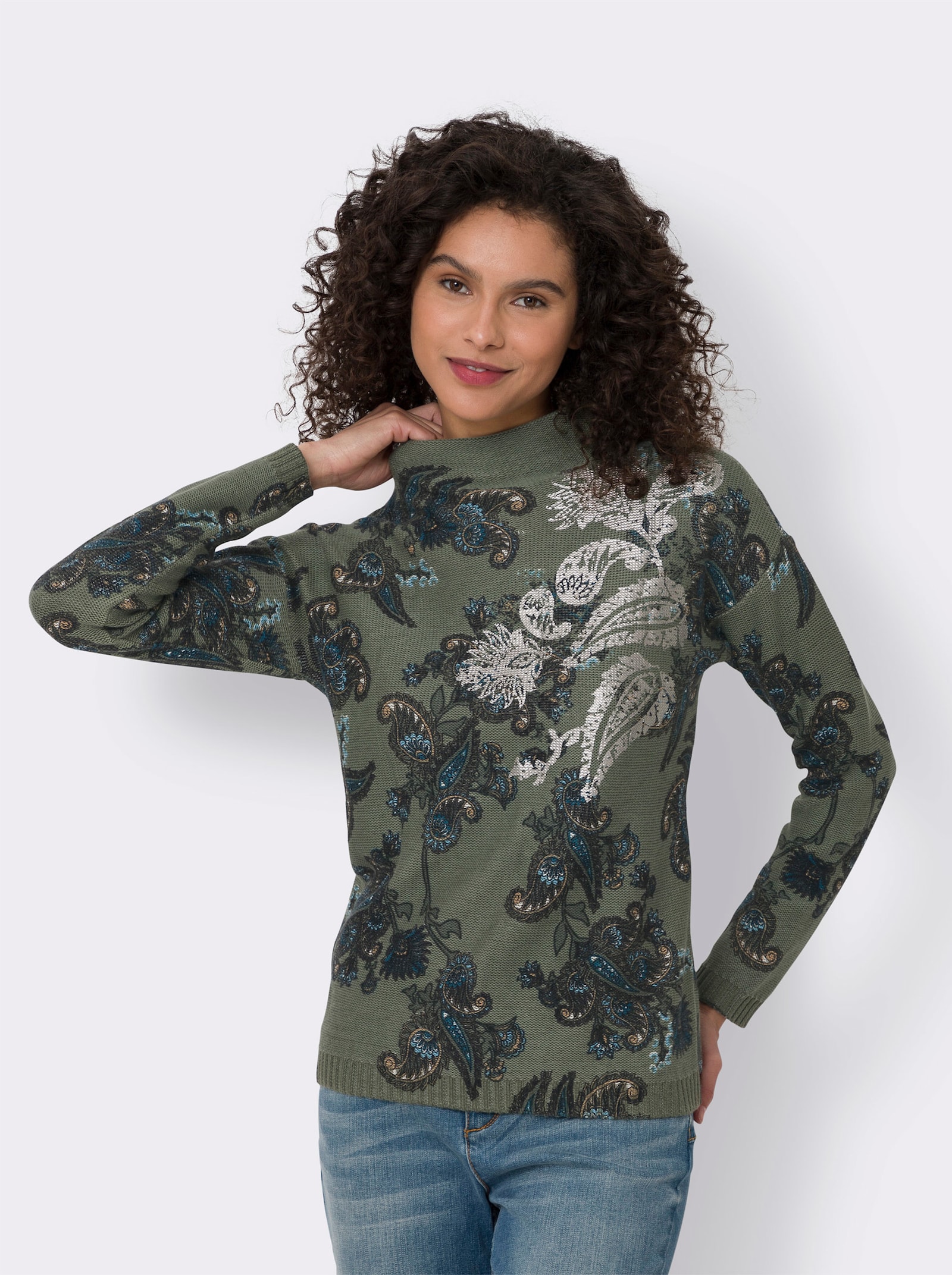 heine Stehkragenpullover mit Foliendruck - khaki-aqua-bedruckt