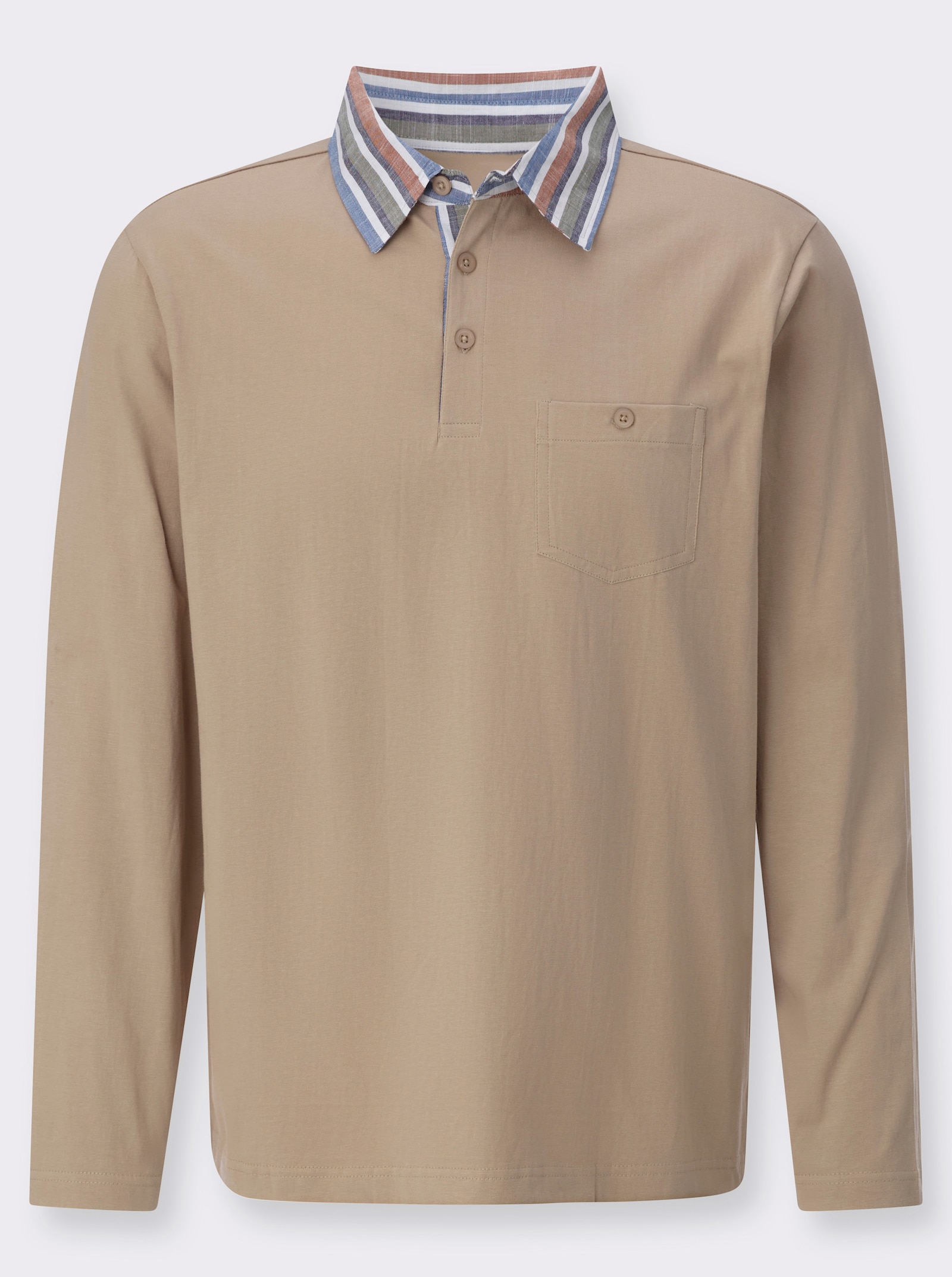 Langarm-Poloshirt mit gewebtem Kragen - beige