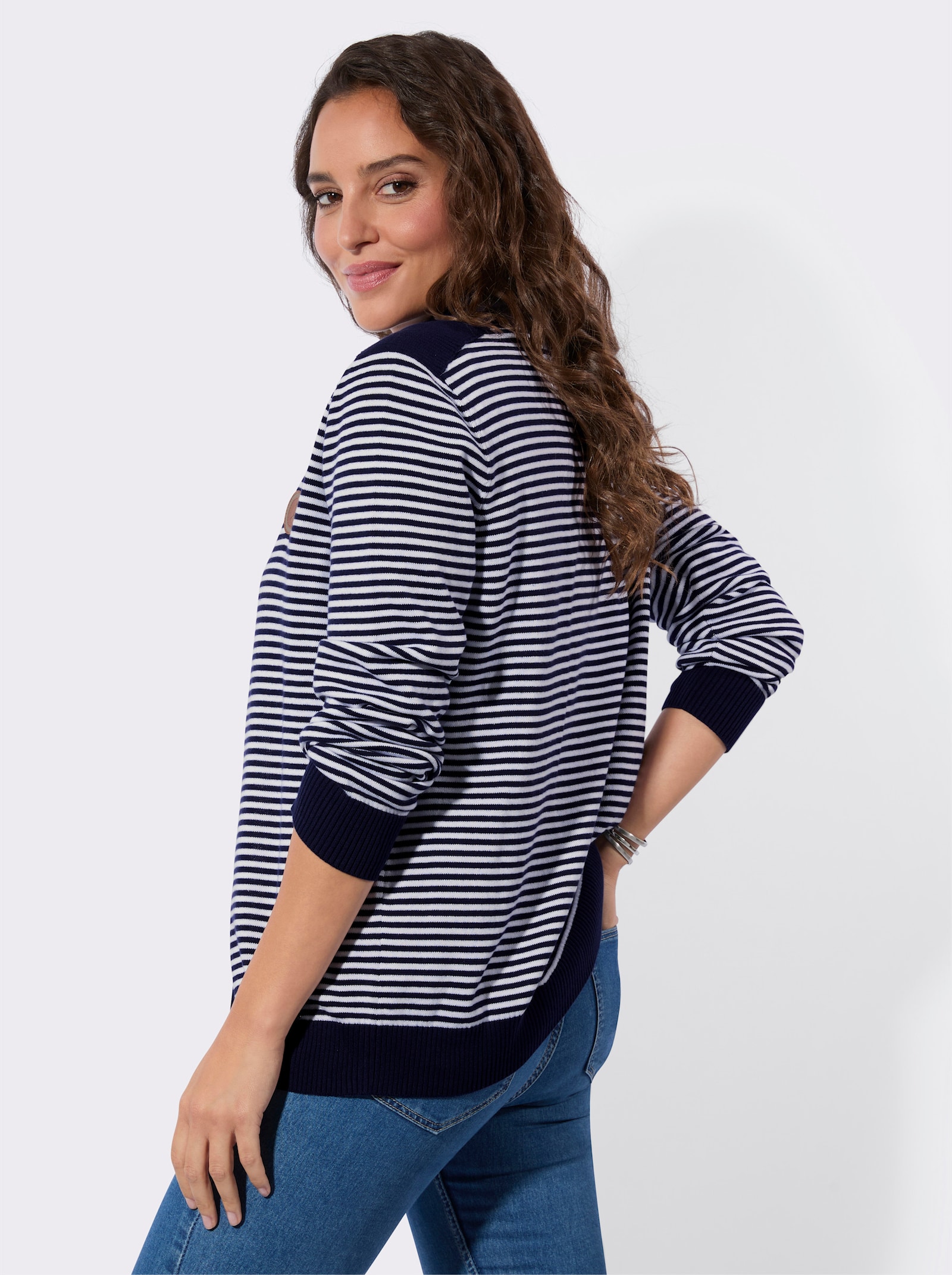 Strickjacke mit gerippten Einsätzen - marine-weiß-geringelt