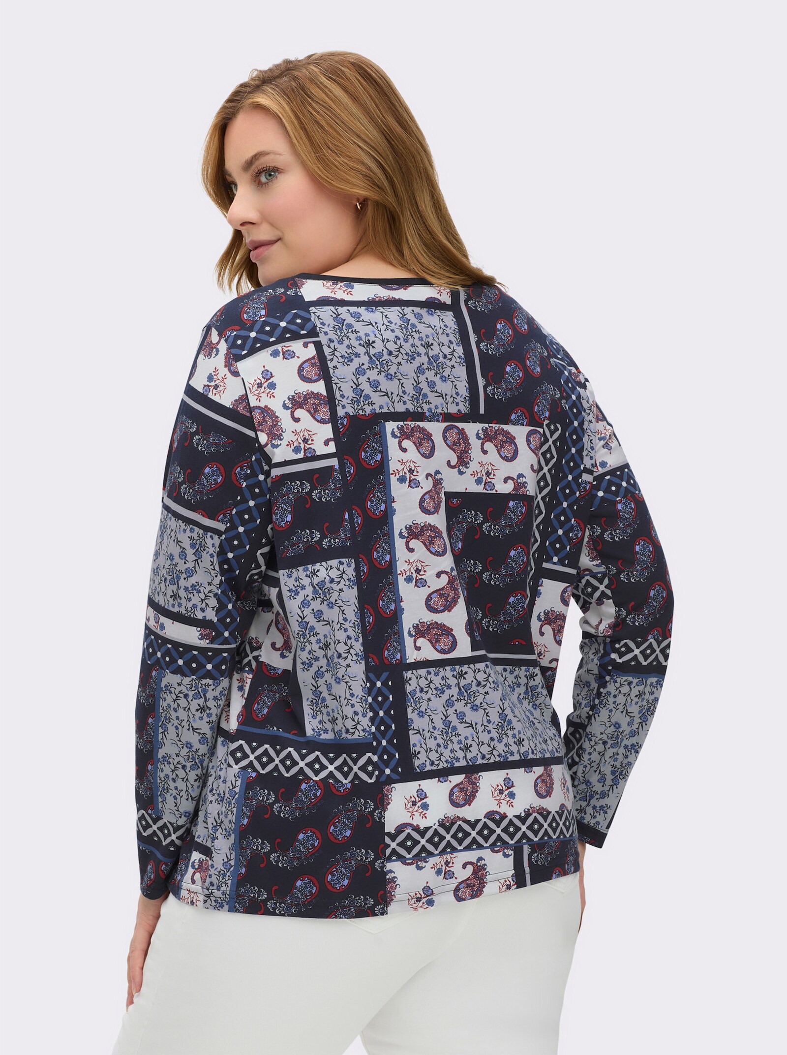 Langarmshirt im Patchwork-Dessin - marine-bedruckt