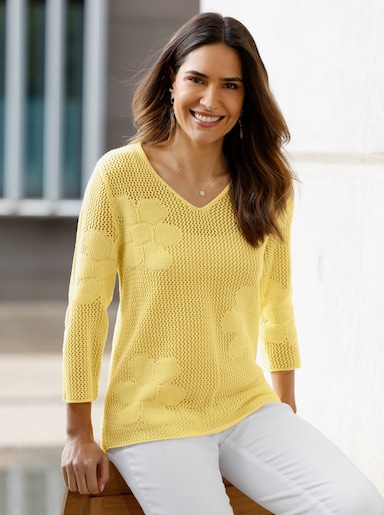 Ajourpullover mit eingestrickten Blüten - zitrone