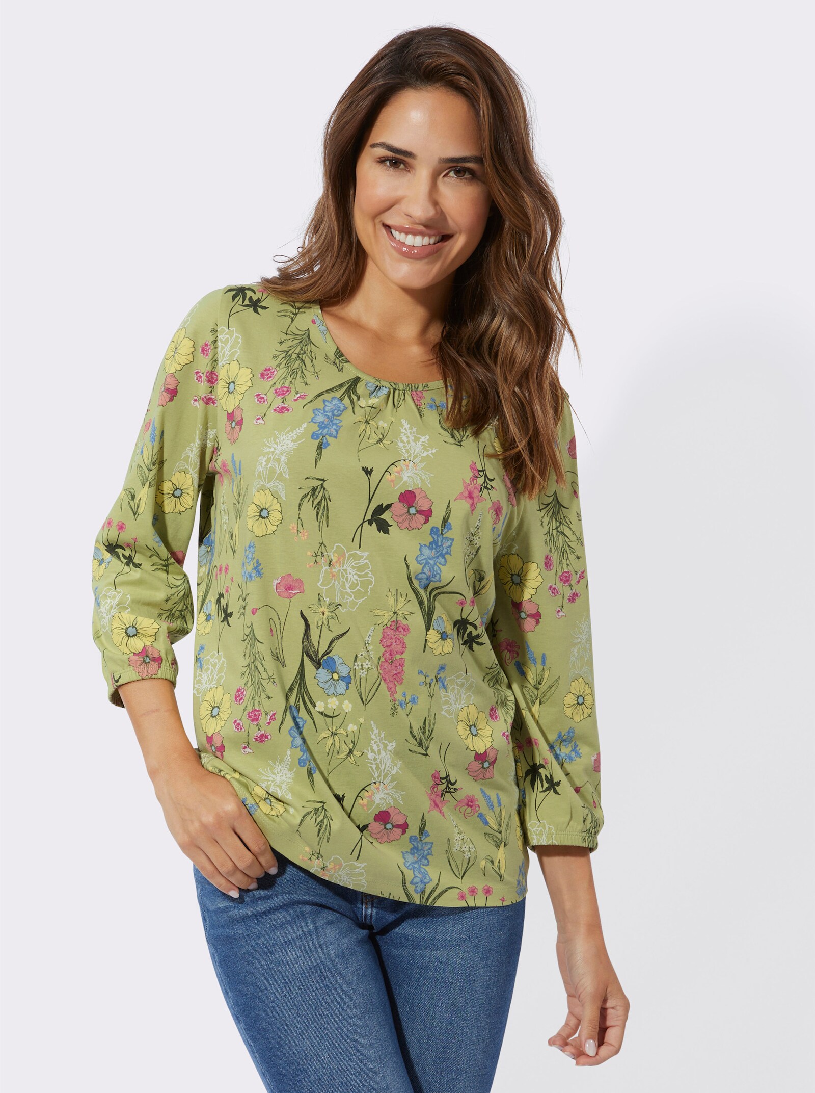 Shirt met 3/4-mouwen en bloemenprint - lindegroen/kaki bedrukt