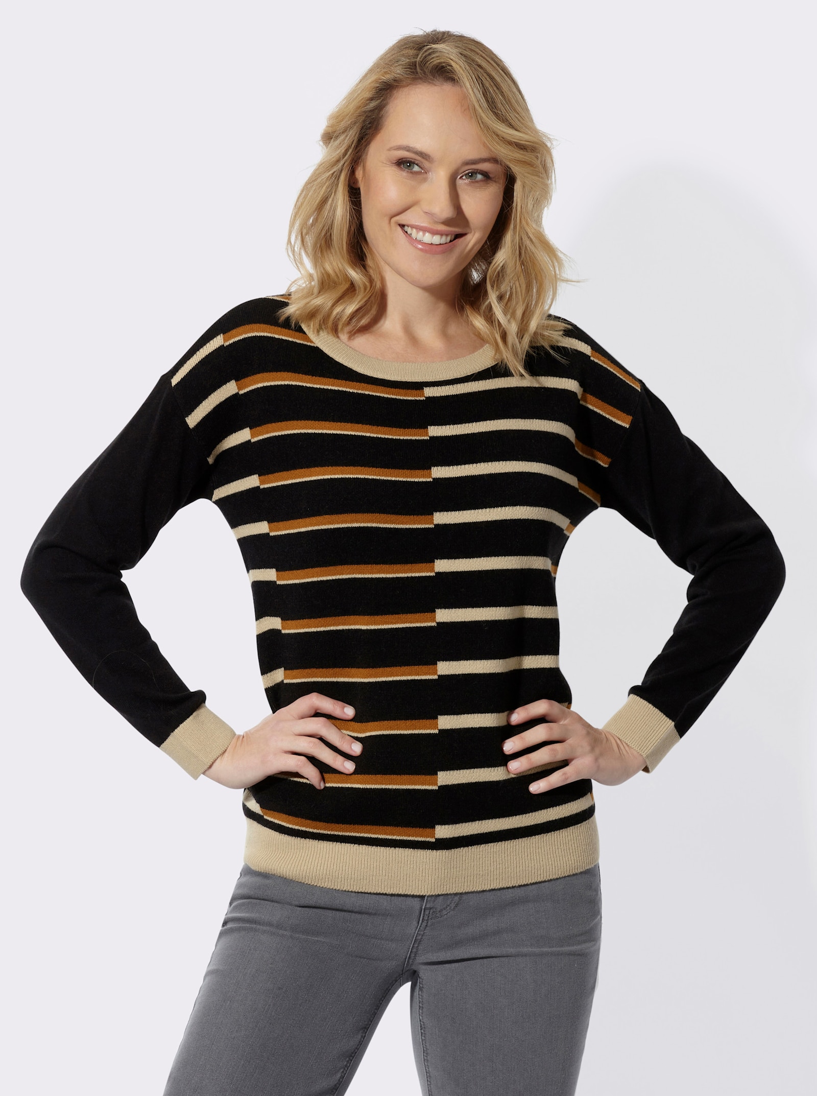 Rundhalspullover mit Jacquard-Streifen-Muster - schwarz-cognac-gemustert