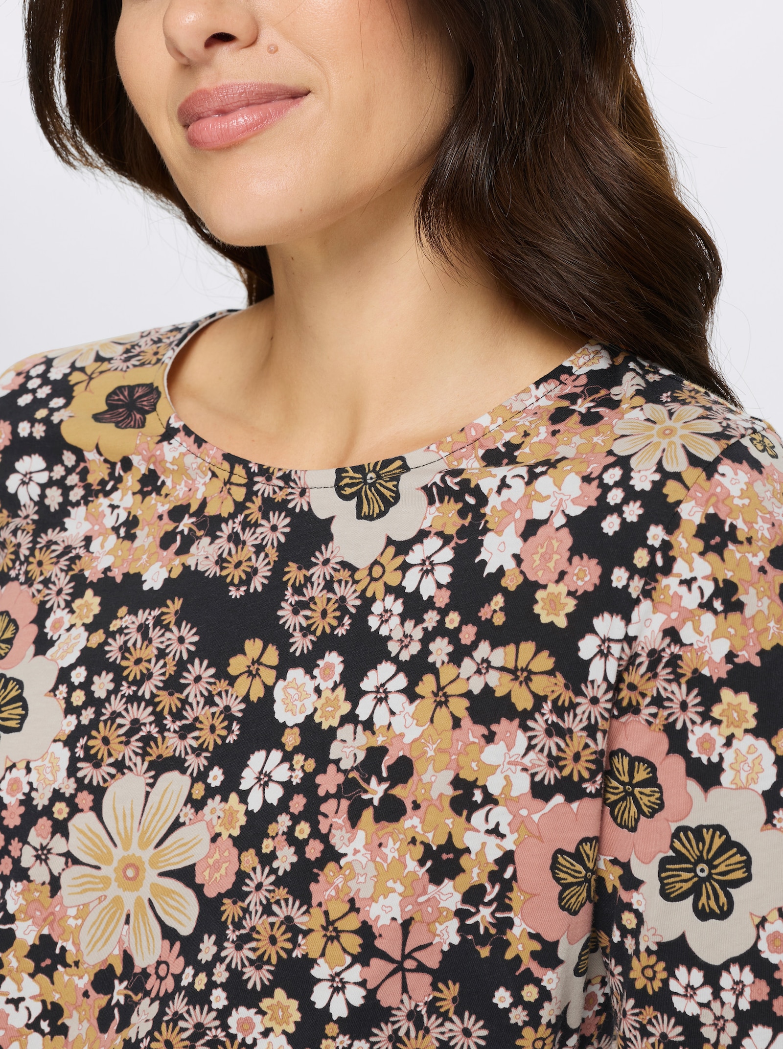 3/4-Arm-Shirt mit Blütendessin - schwarz-papaya-bedruckt