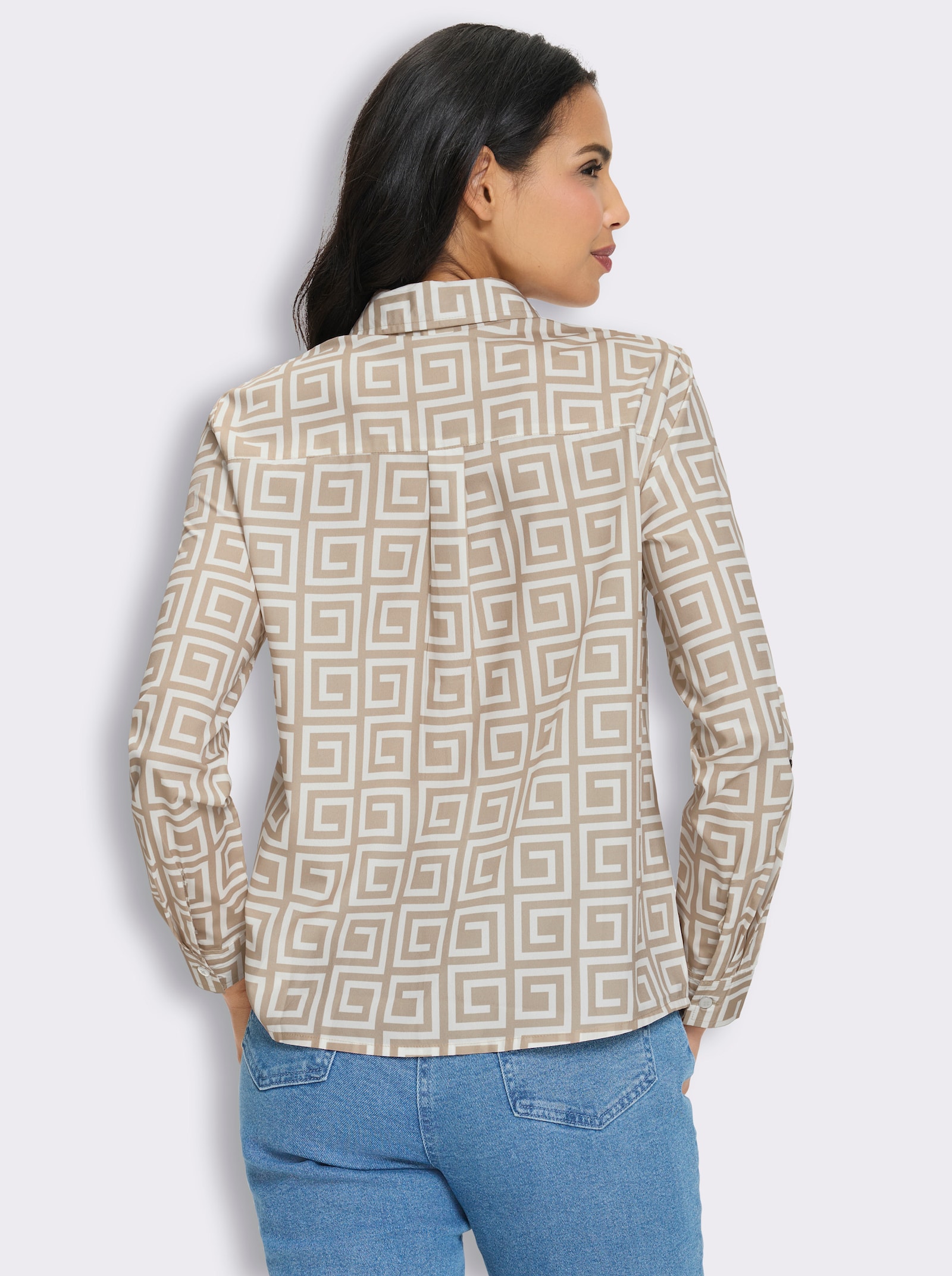 Langarmbluse mit Schulterpasse - ecru-beige-bedruckt
