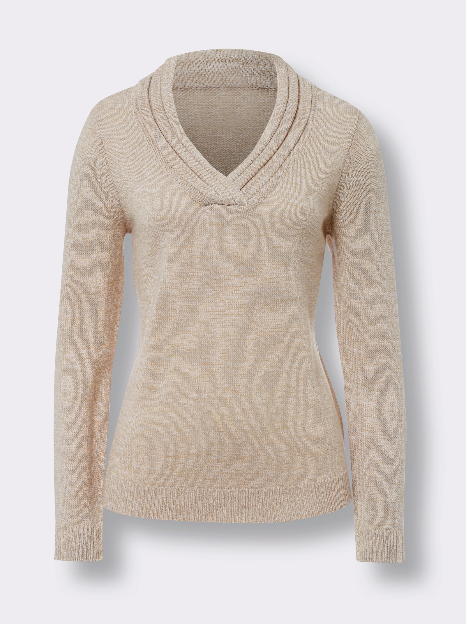 V-Ausschnitt-Pullover mit Rollkante - beige-meliert