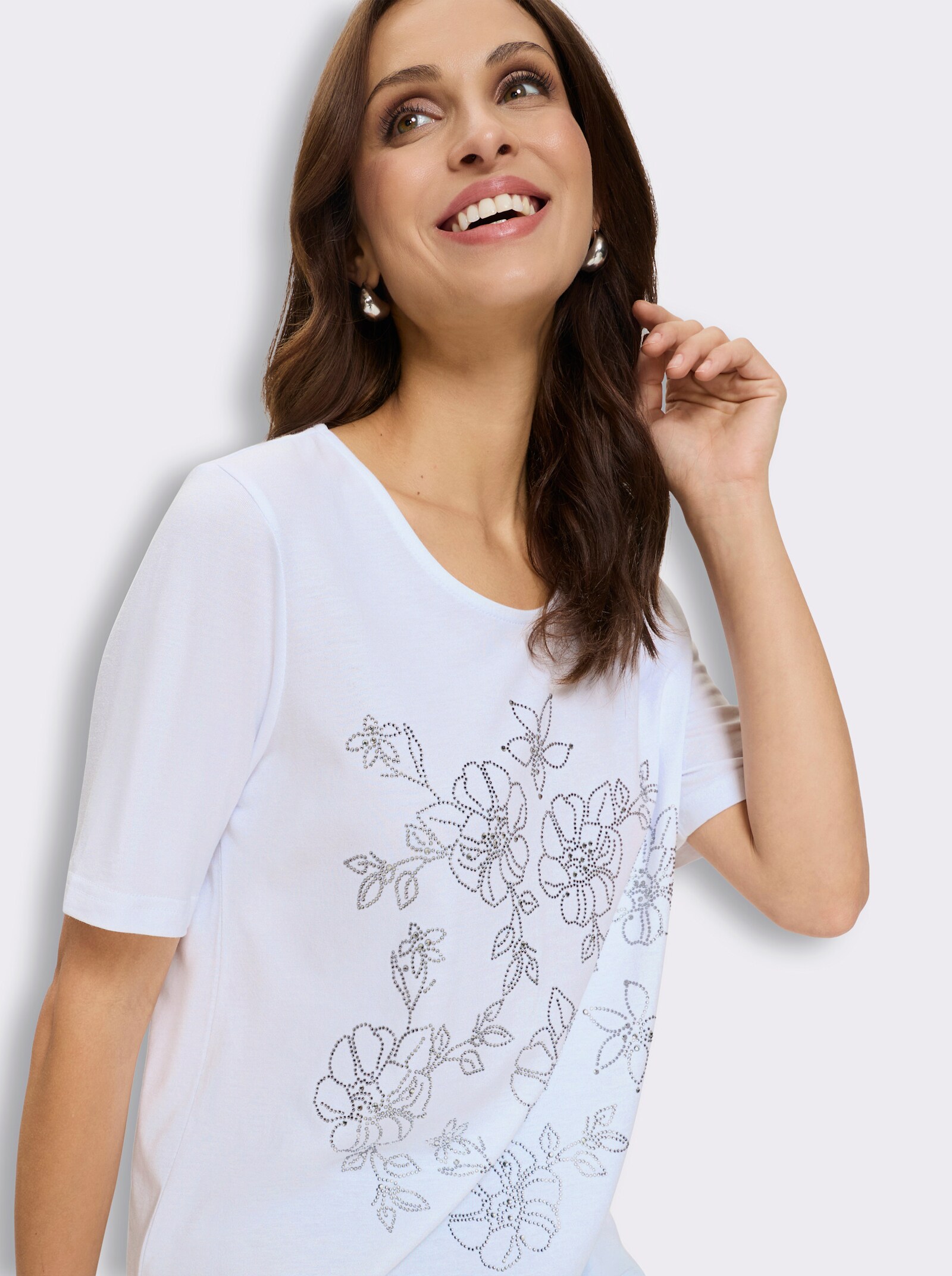 Rundhalsshirt mit Glitzersteinchen-Blüten - weiß