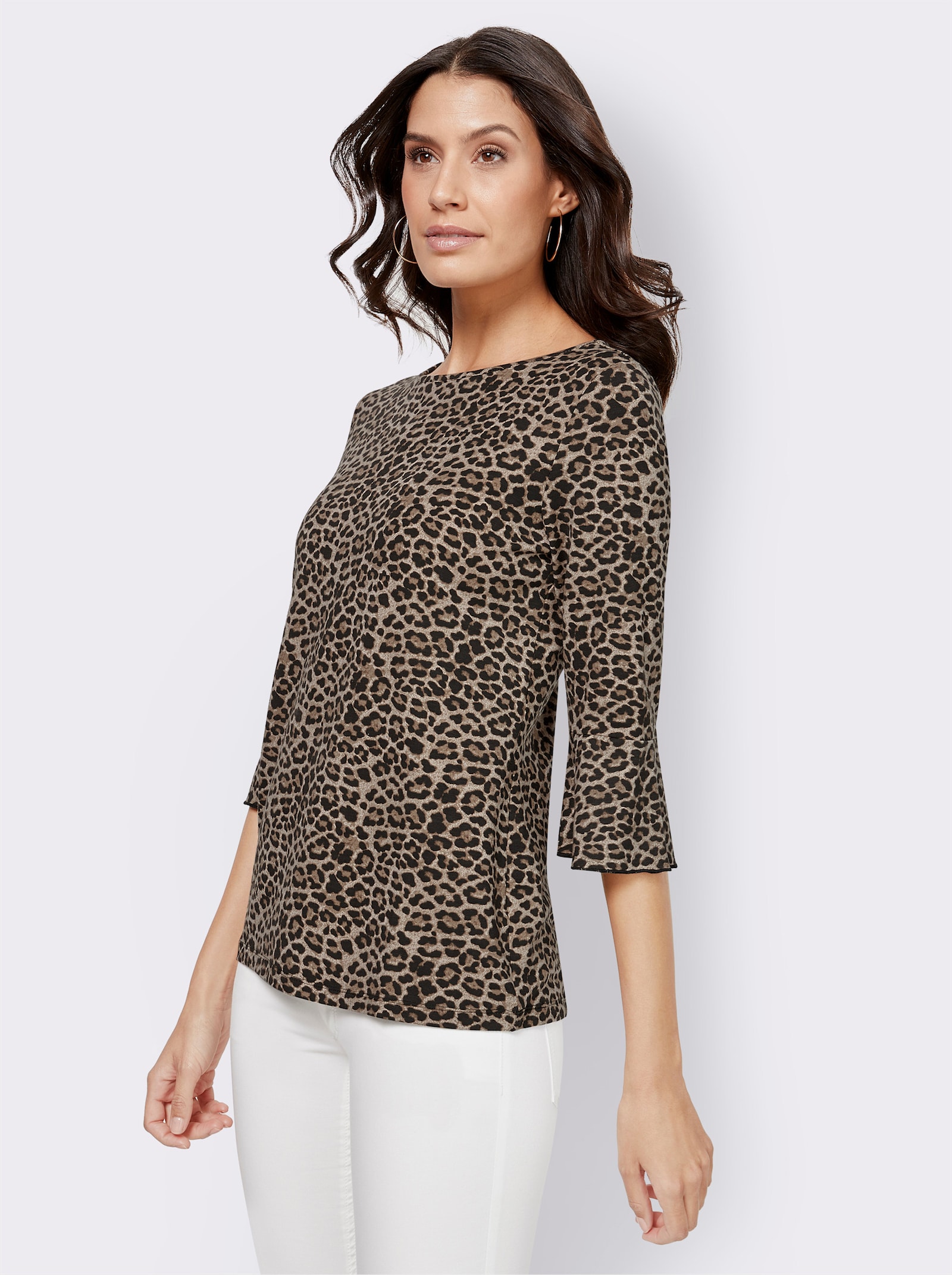 Print-Shirt mit Volants an den Ärmeln - schwarz-beige-bedruckt