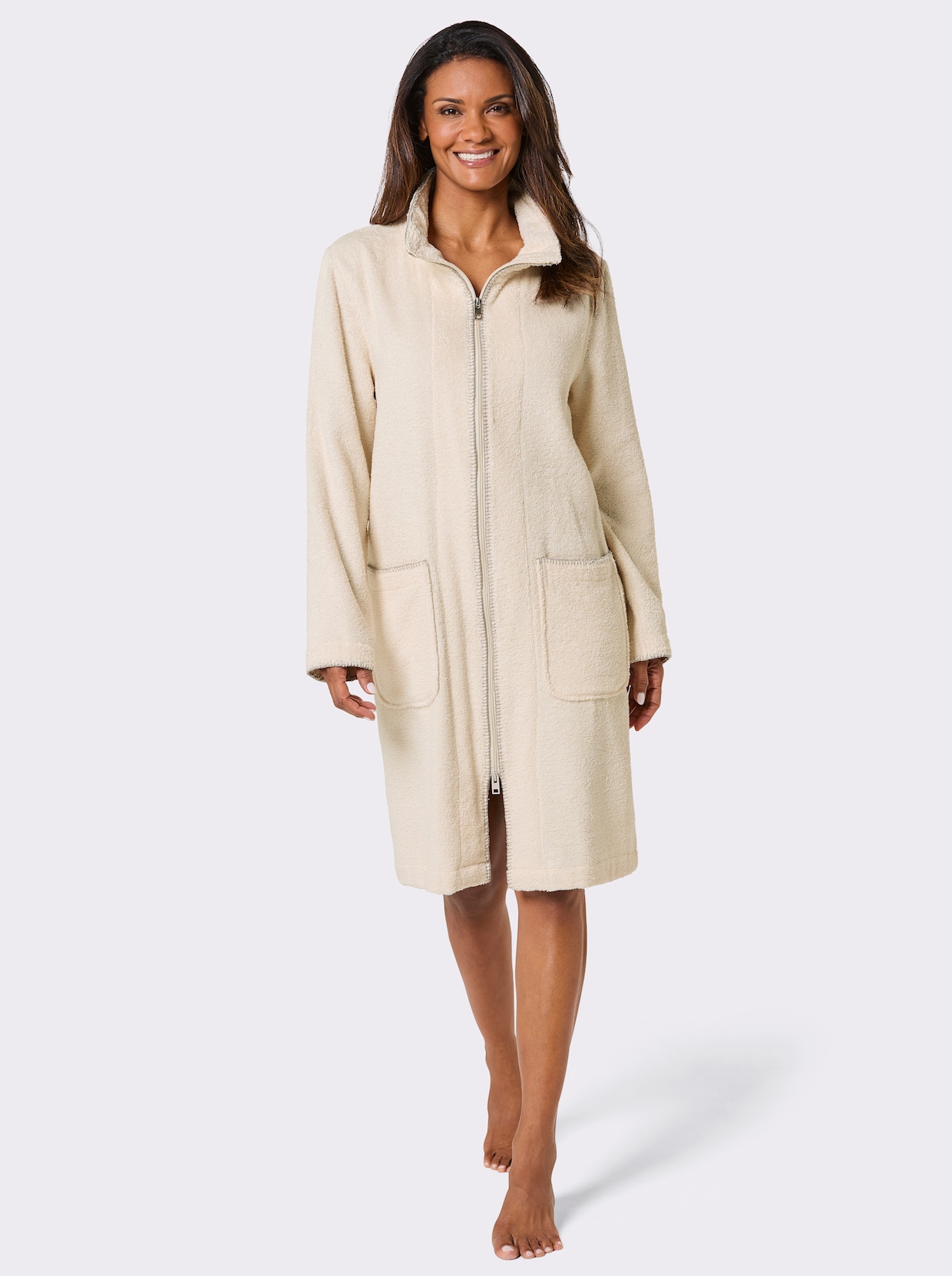 feel good Bademantel mit durchgehendem Reißverschluss - champagner-steingrau