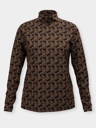 Stehkragenshirt im grafischen Minimal-Dessin - braun-schwarz-bedruckt