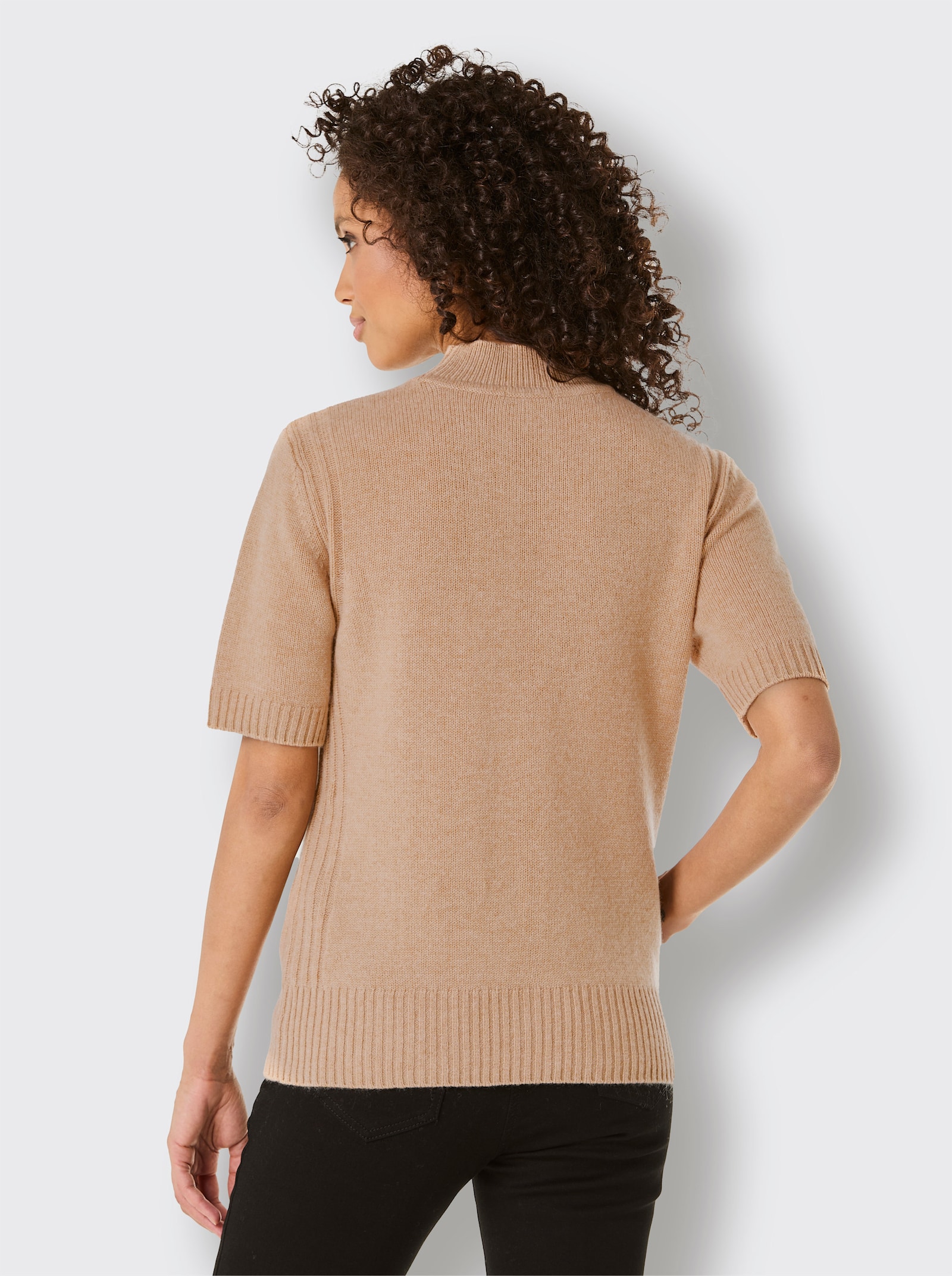 CREATION L PREMIUM Kurzarmpullover Mit geripptem Einsatz - camel-meliert